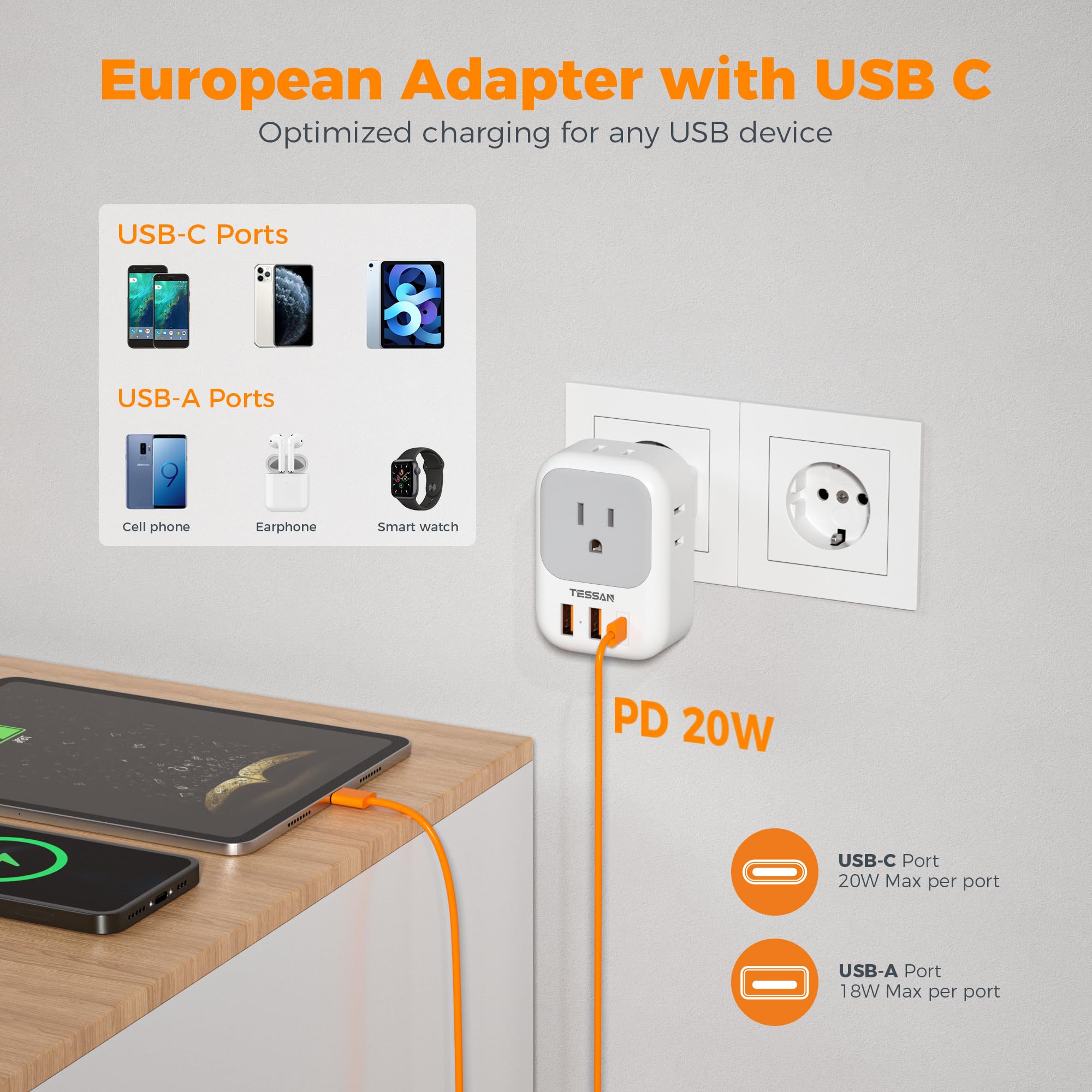 TESSAN three USB ports simplify charging phones and accessories