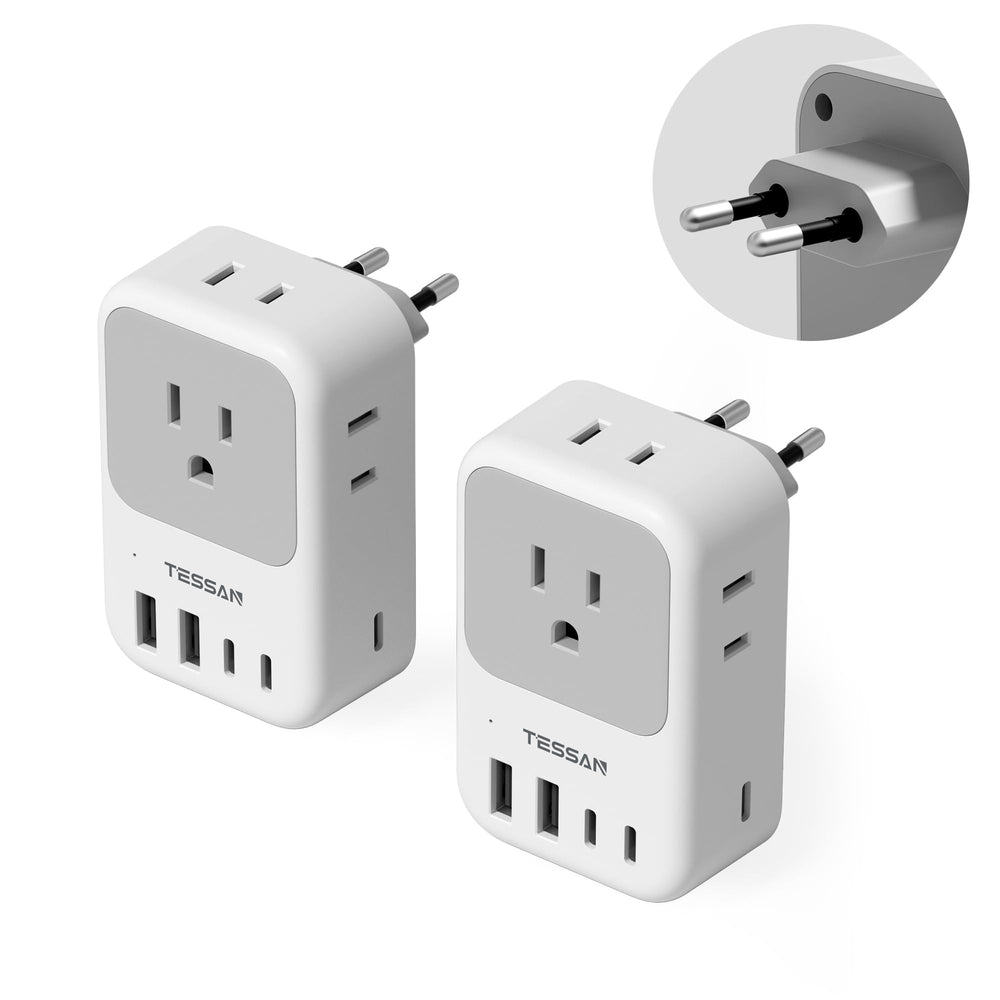 TESSAN European travel plug adapter offers broad European outlet compatibility for travelers.