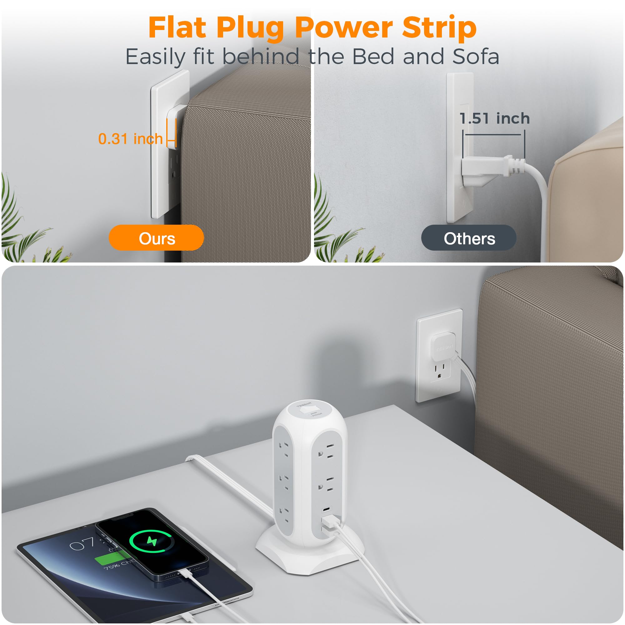 TESSAN flat plug 45-degree design keeps cords accessible.