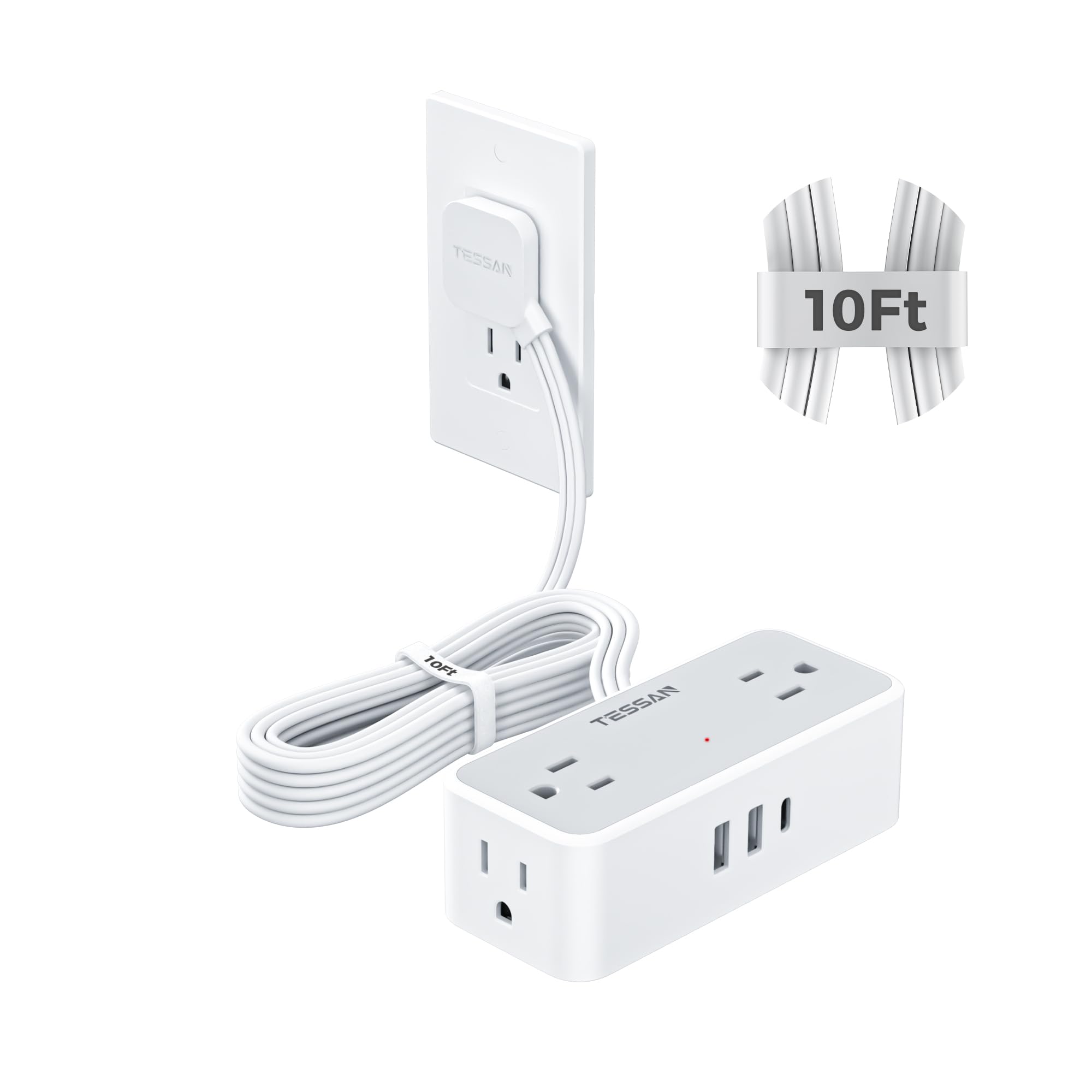 TESSAN flat-plug extension with 10 ft cord for tucked-away outlets.