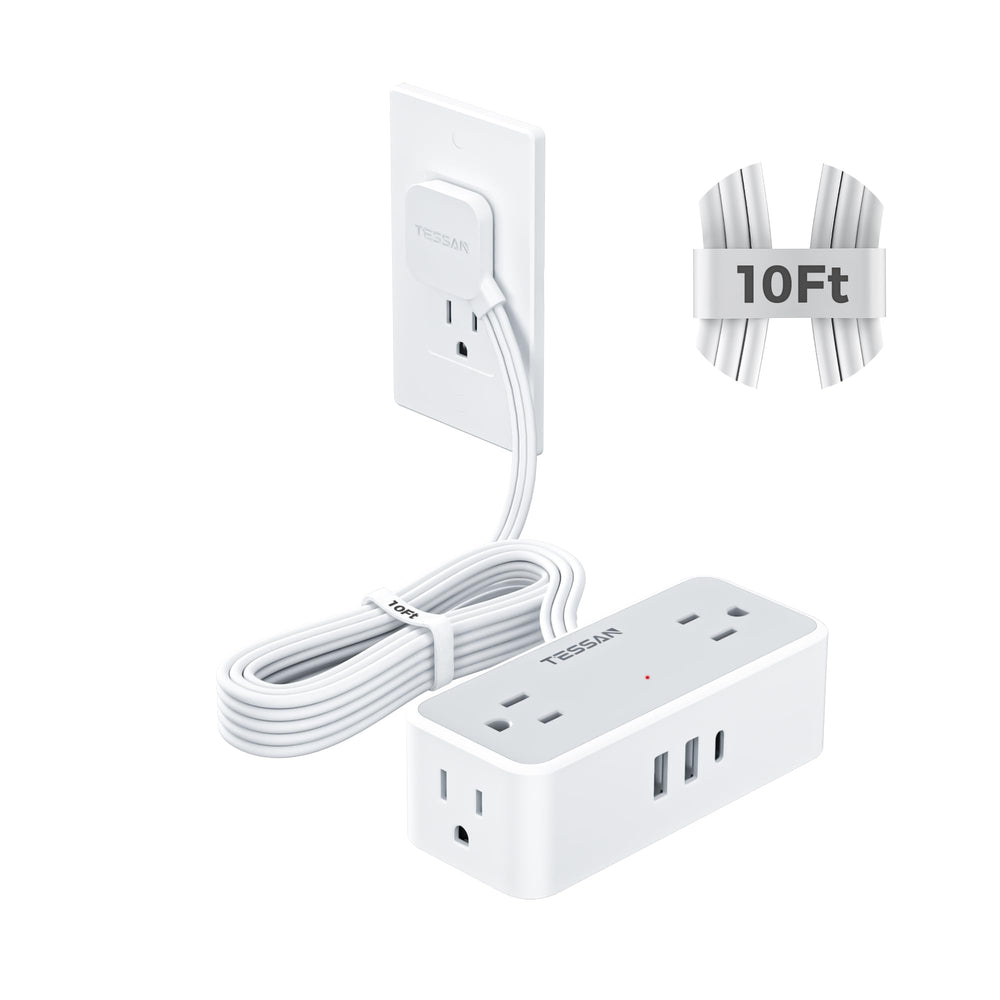 TESSAN flat-plug extension with 10 ft cord for tucked-away outlets.