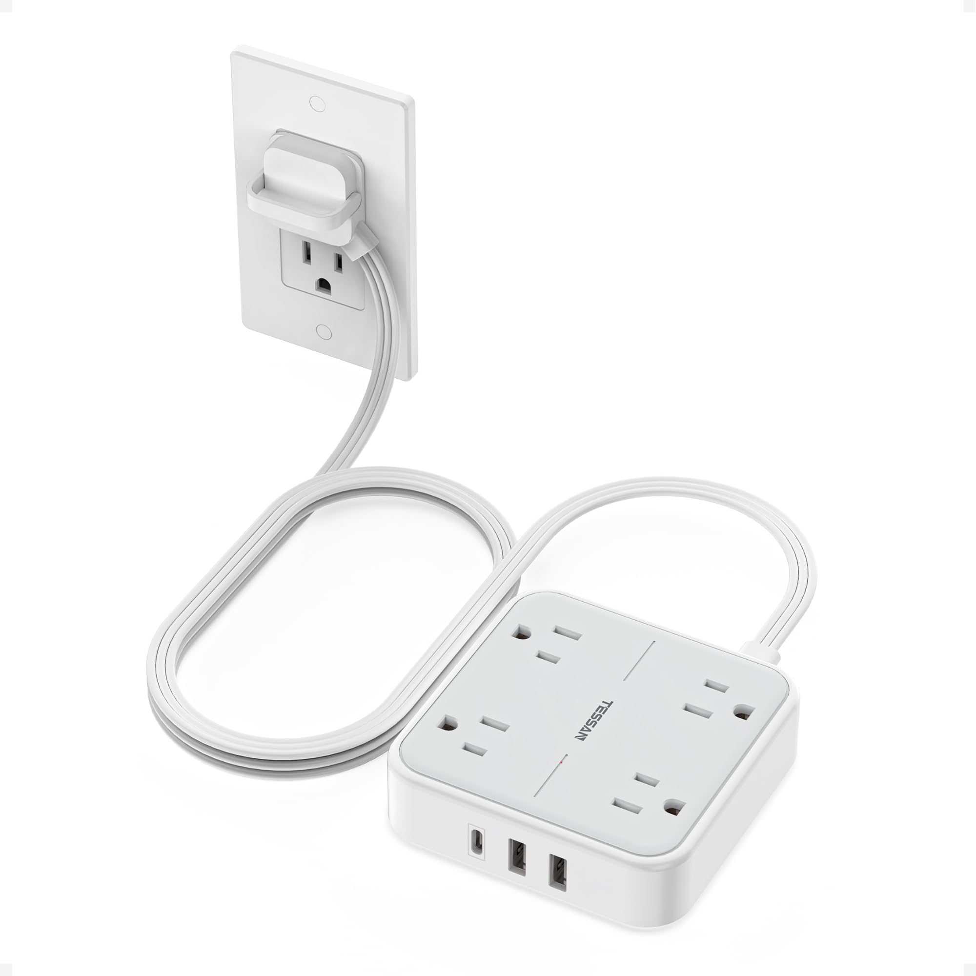TESSAN flat-plug-extension-compact: slim profile behind furniture for easy access.