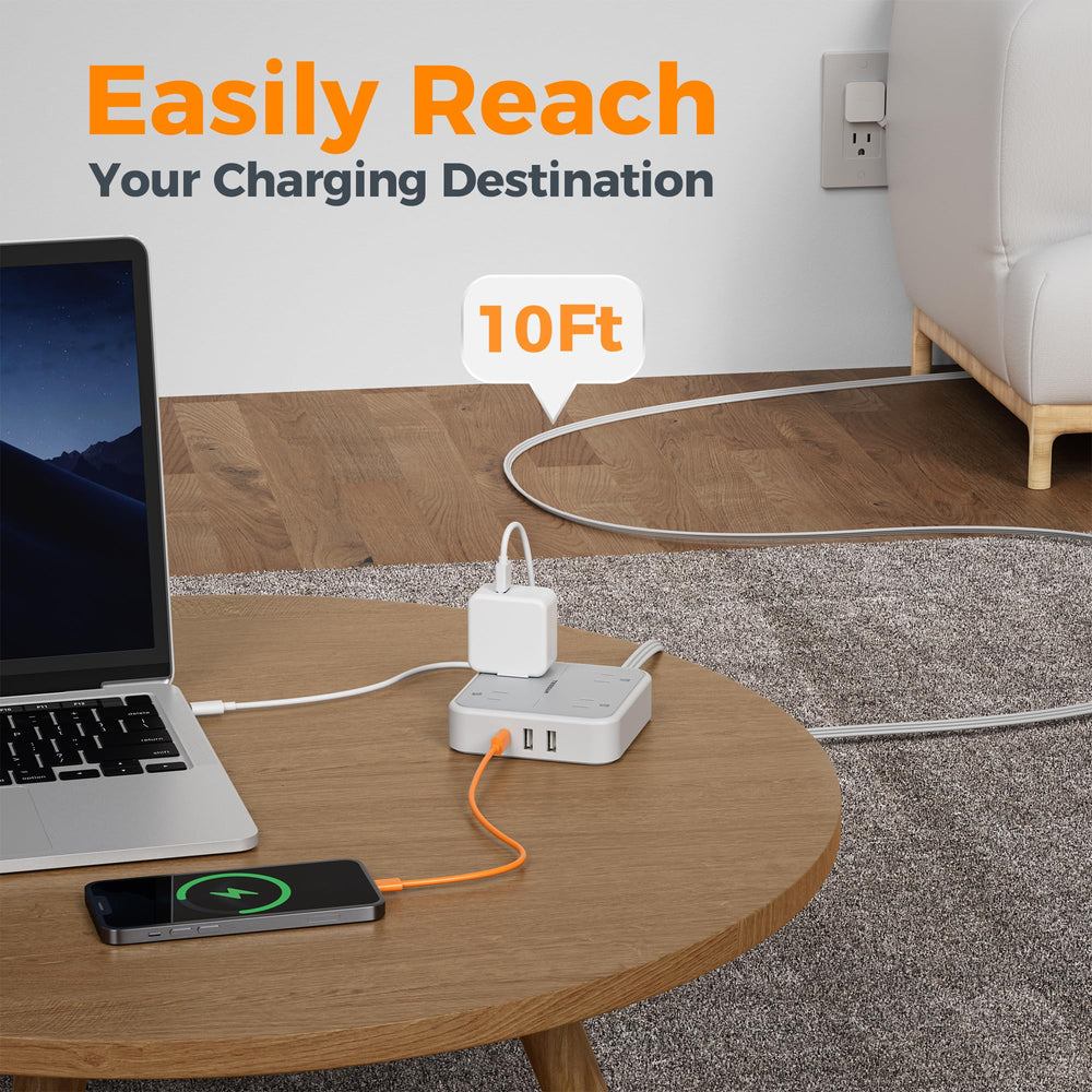 TESSAN flat power strip with 10ft cord suitable for home office and dorm rooms.