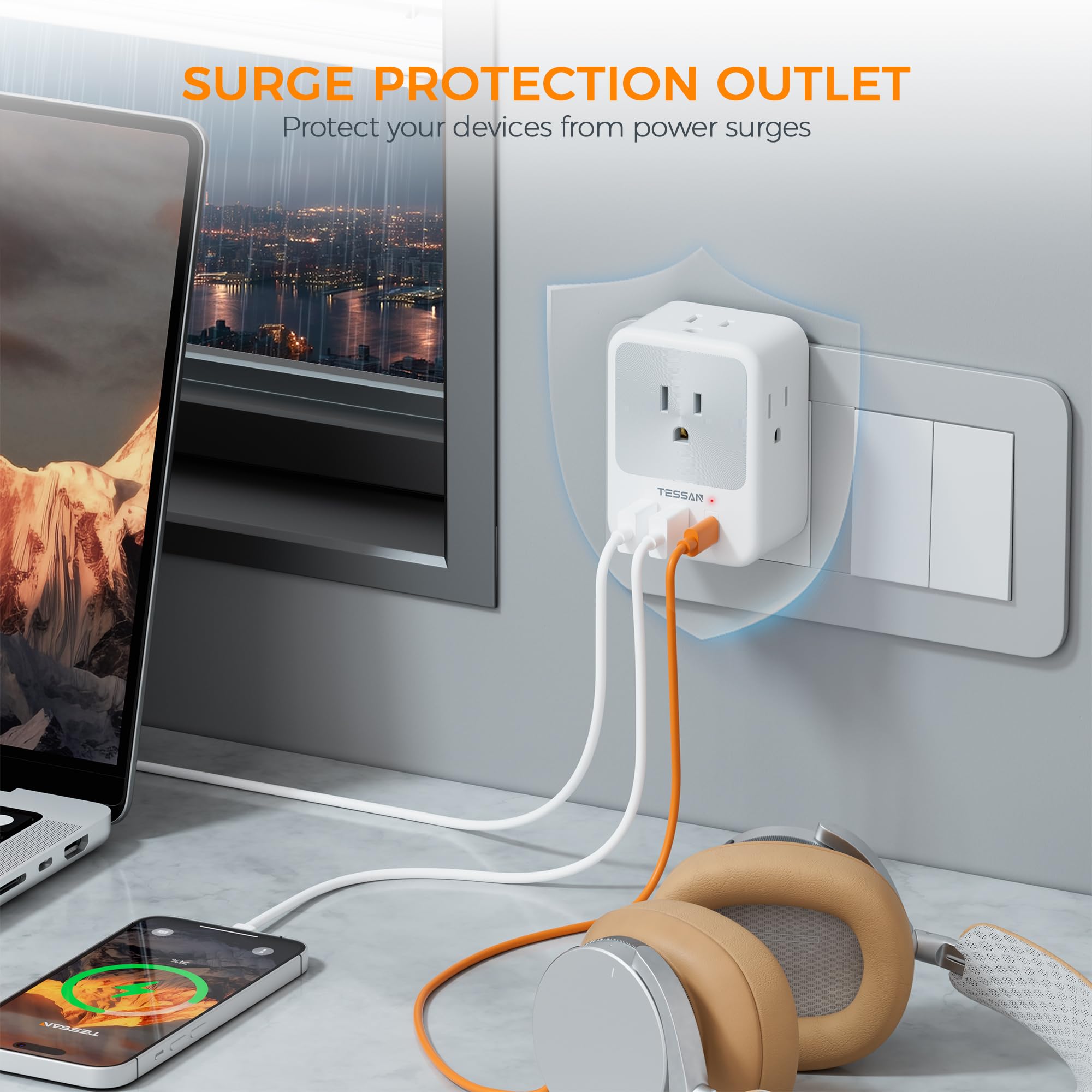 TESSAN unit with four AC outlets and USB ports for simultaneous charging.