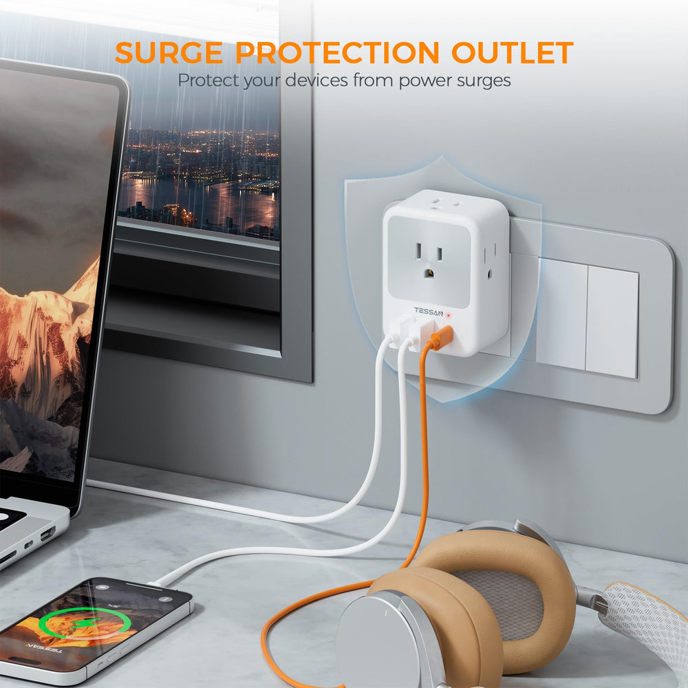 TESSAN unit with four AC outlets and USB ports for simultaneous charging.