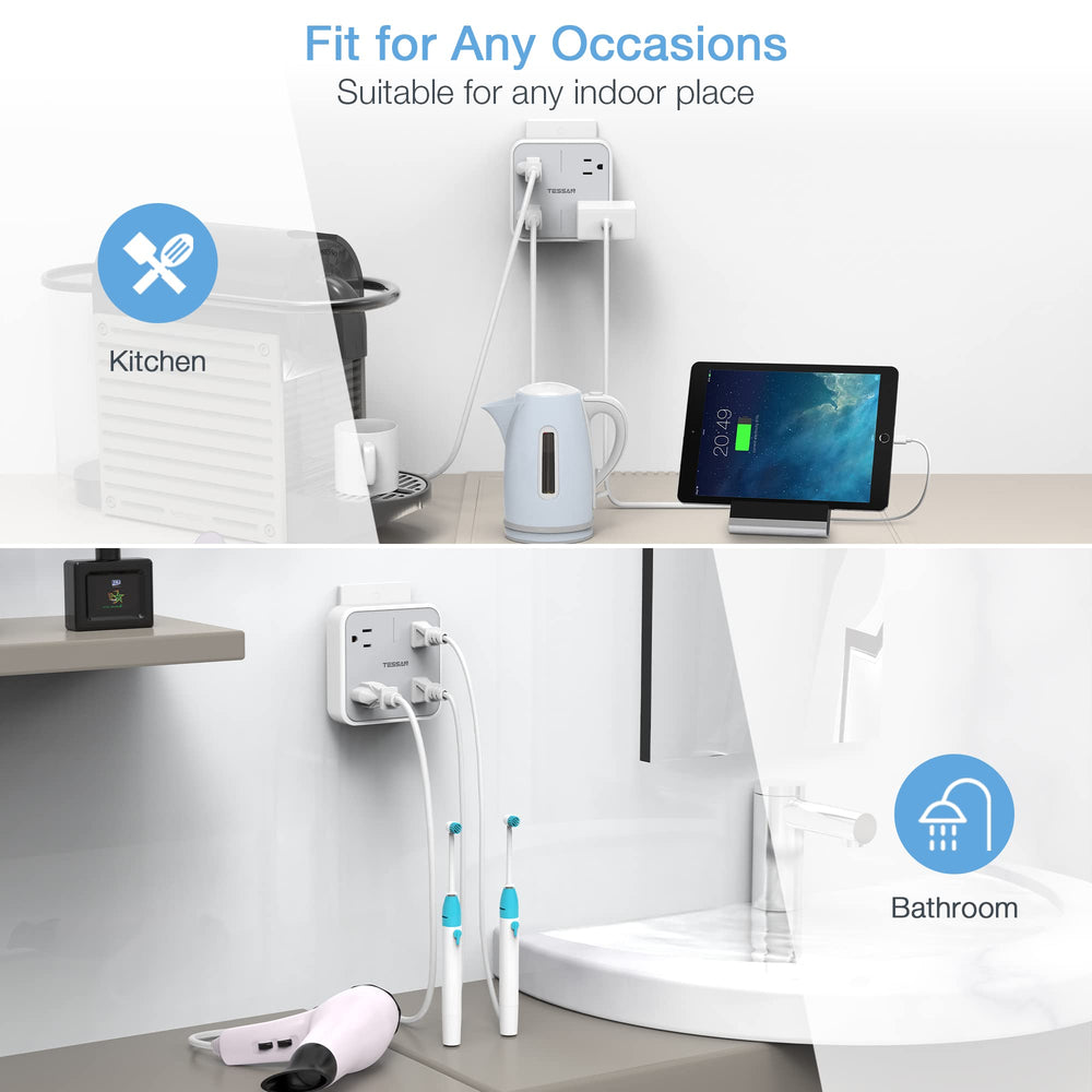 TESSAN gray plug extender keeps living room cords neat and accessible
