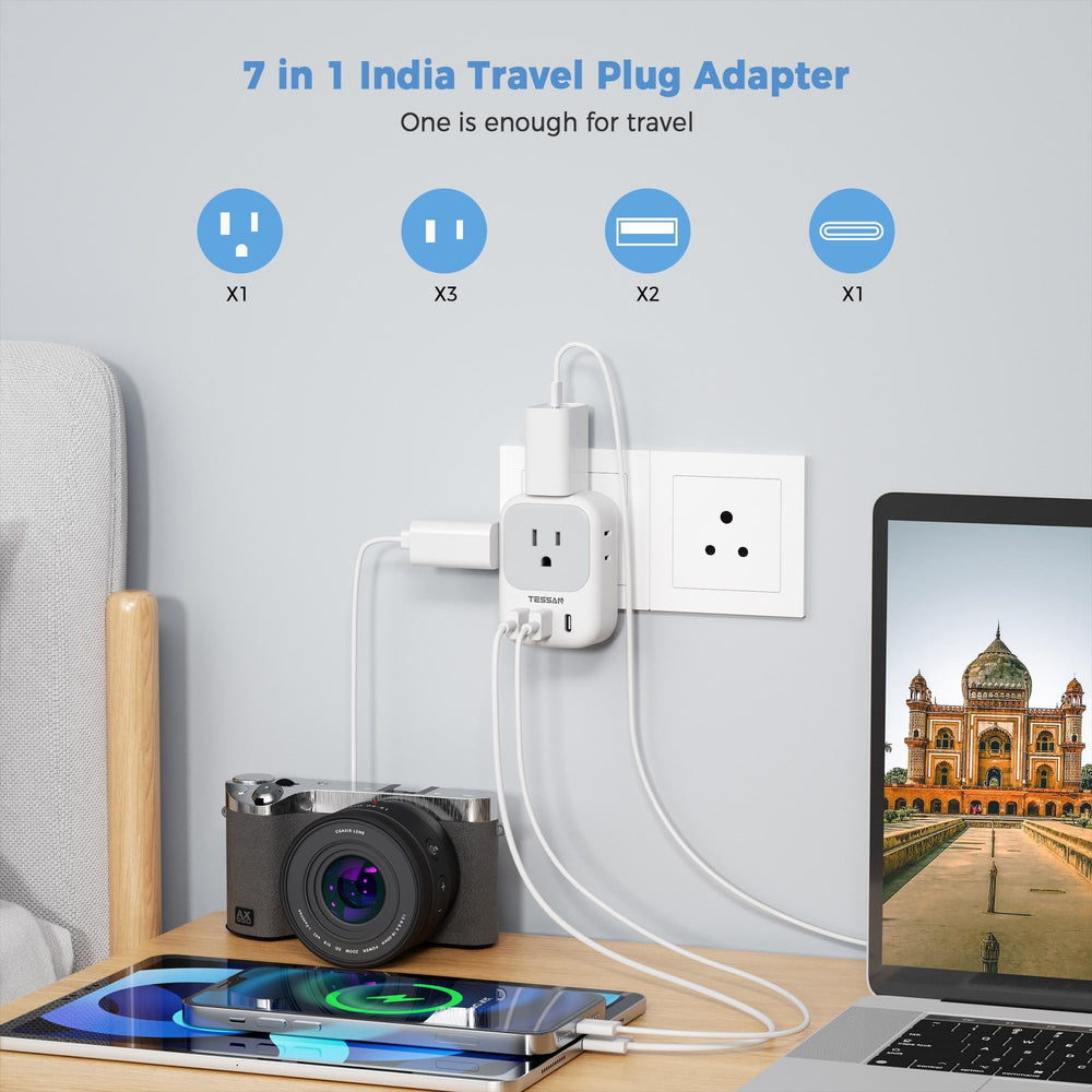 TESSAN 7-in-1 travel adapter with four outlets and three USB ports