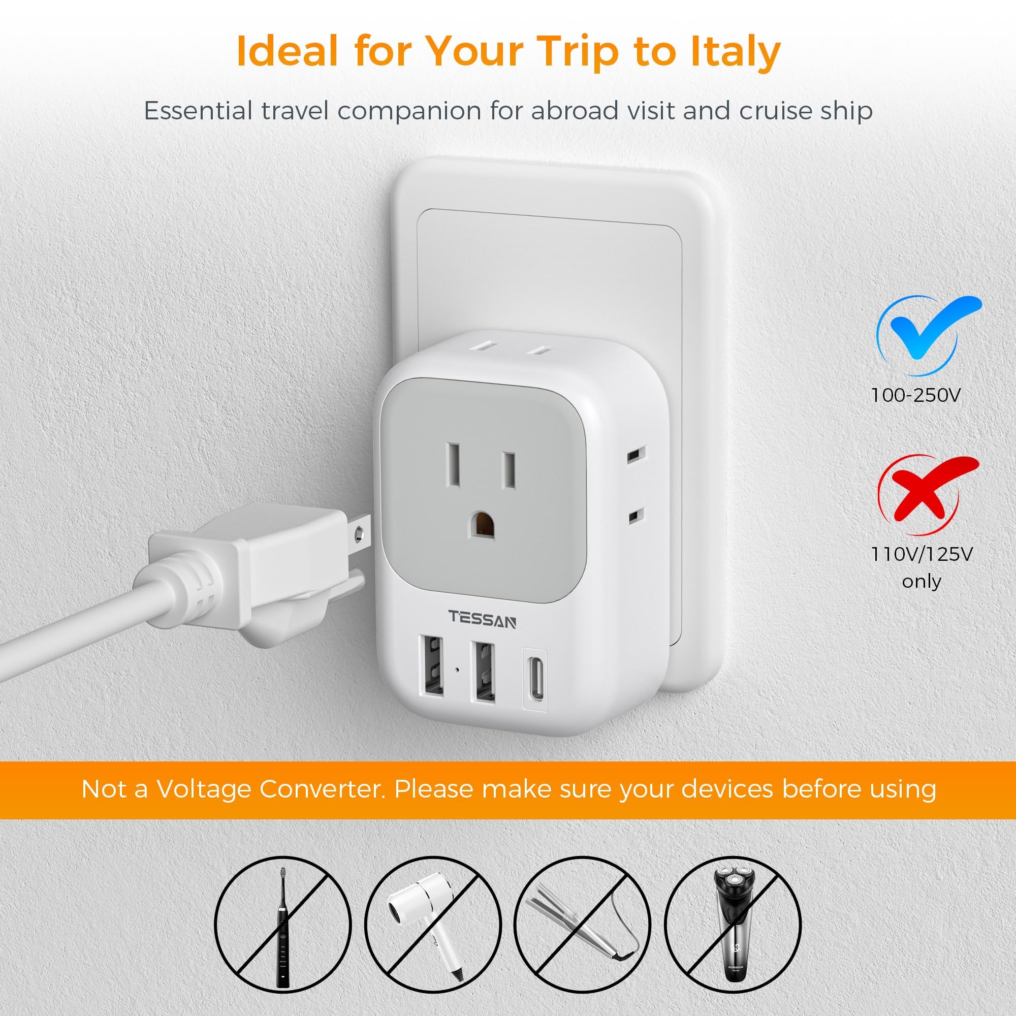 TESSAN Italy adapter held in hand for portable travel use.
