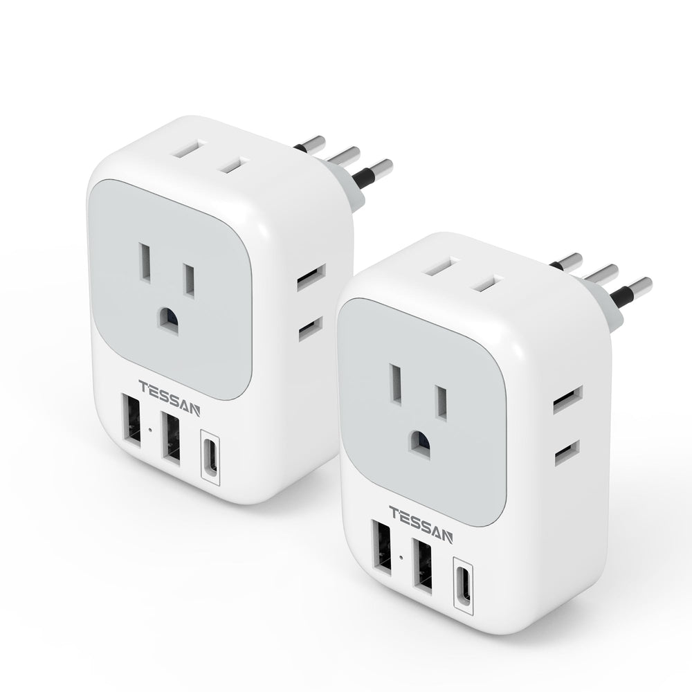 TESSAN Italy travel plug adapter with 4 outlets and 3 USB ports for versatile charging.