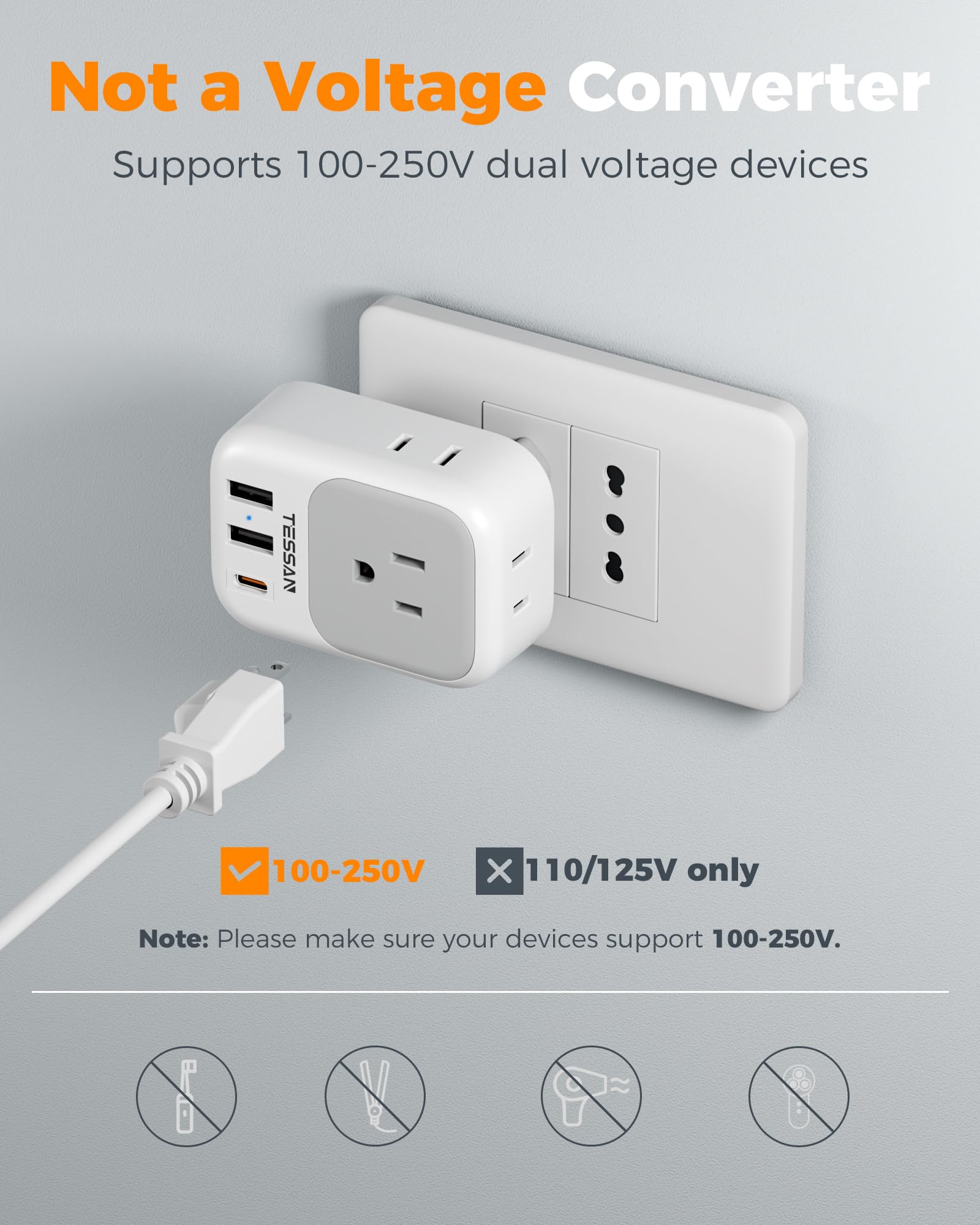 TESSAN four-sided design prevents blocking adjacent sockets during use.