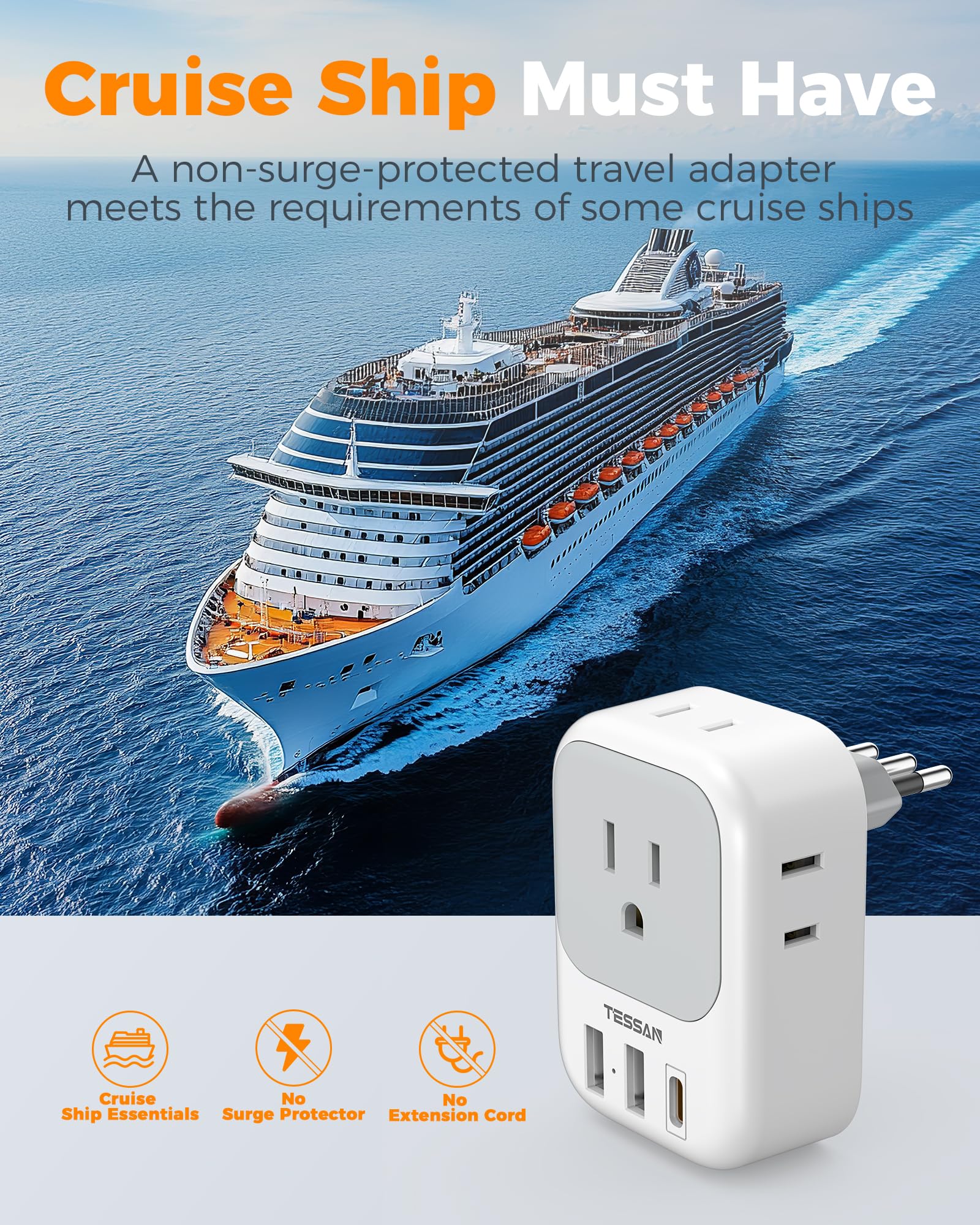 TESSAN Italy adapter supports travel across Italy, Chile, and Uruguay with USB-C and USB-A.