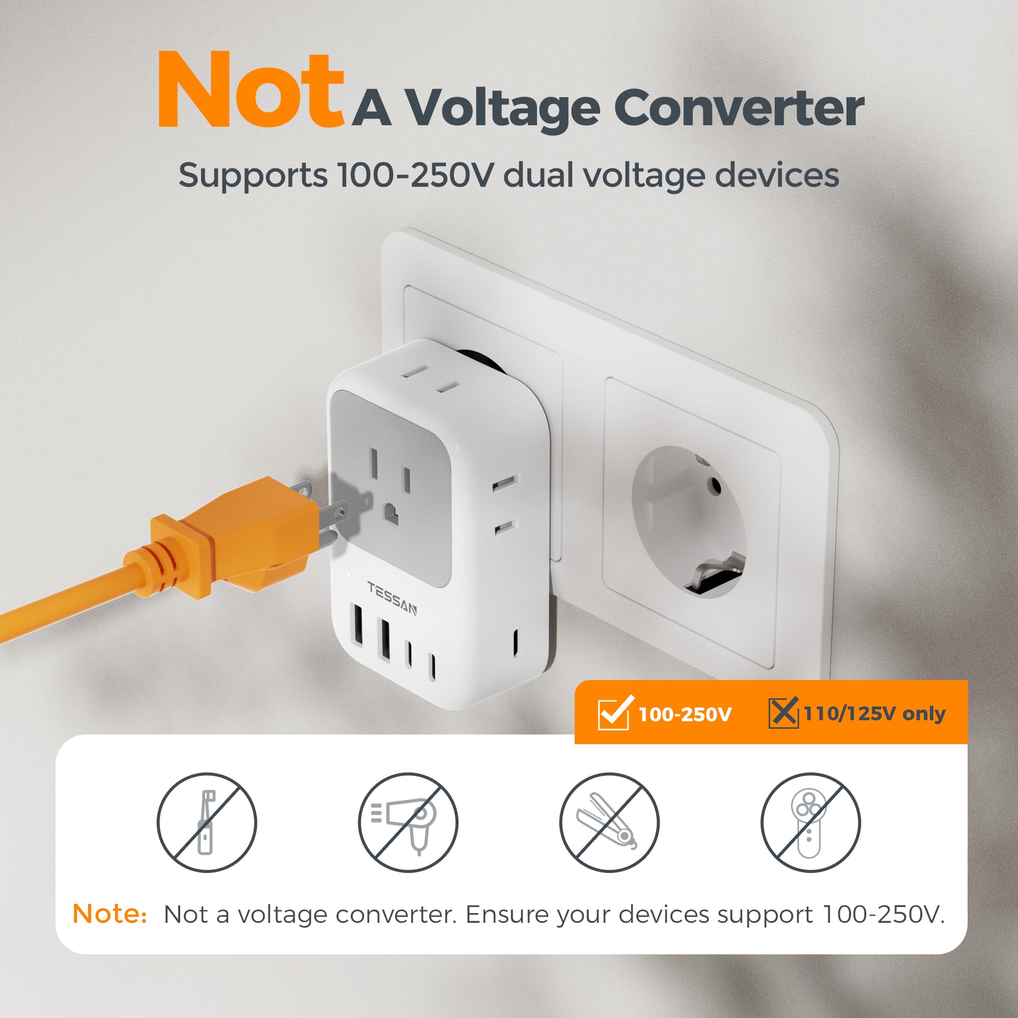 TESSAN lightweight design notes voltage compatibility for safe use with high-wattage gear.