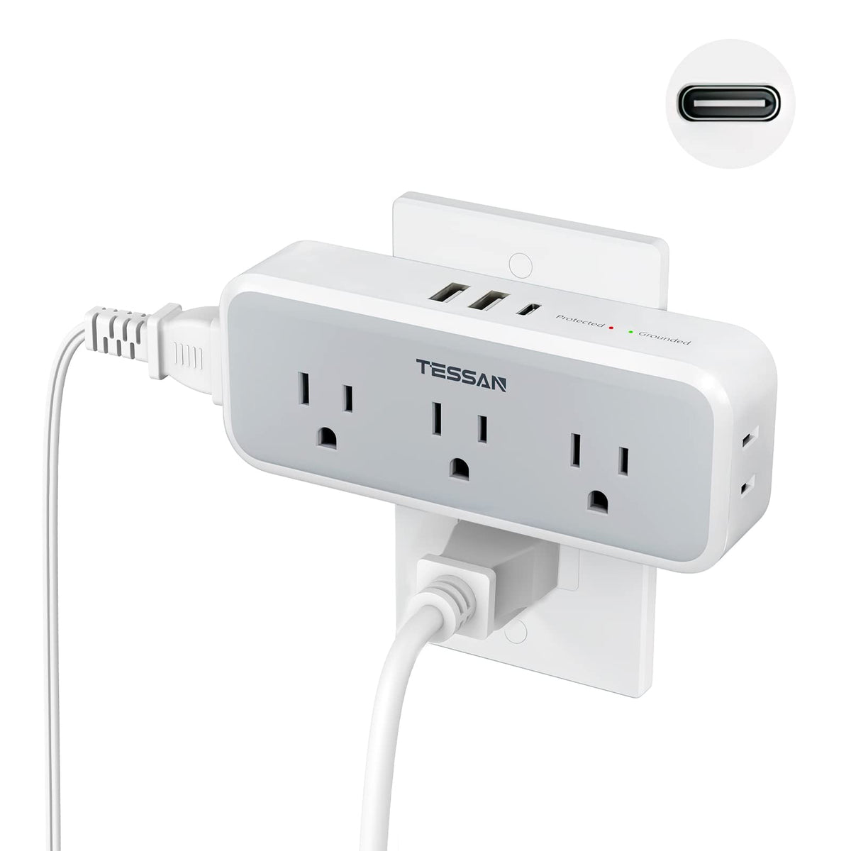 TESSAN multi plug outlet extender on a wall, space-saving for a compact home office