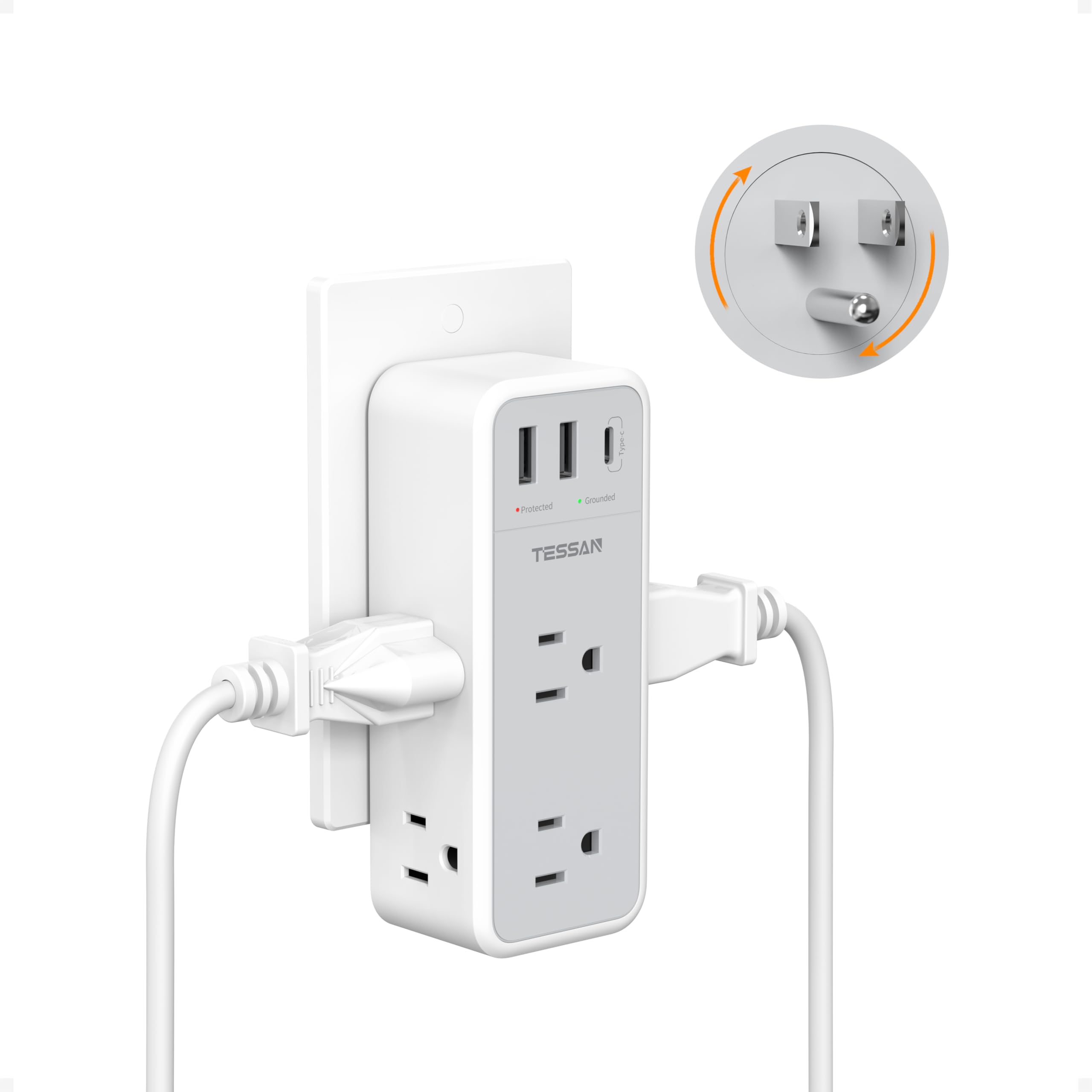 TESSAN multi-plug wall outlet with 360-degree rotating plug for flexible setup.