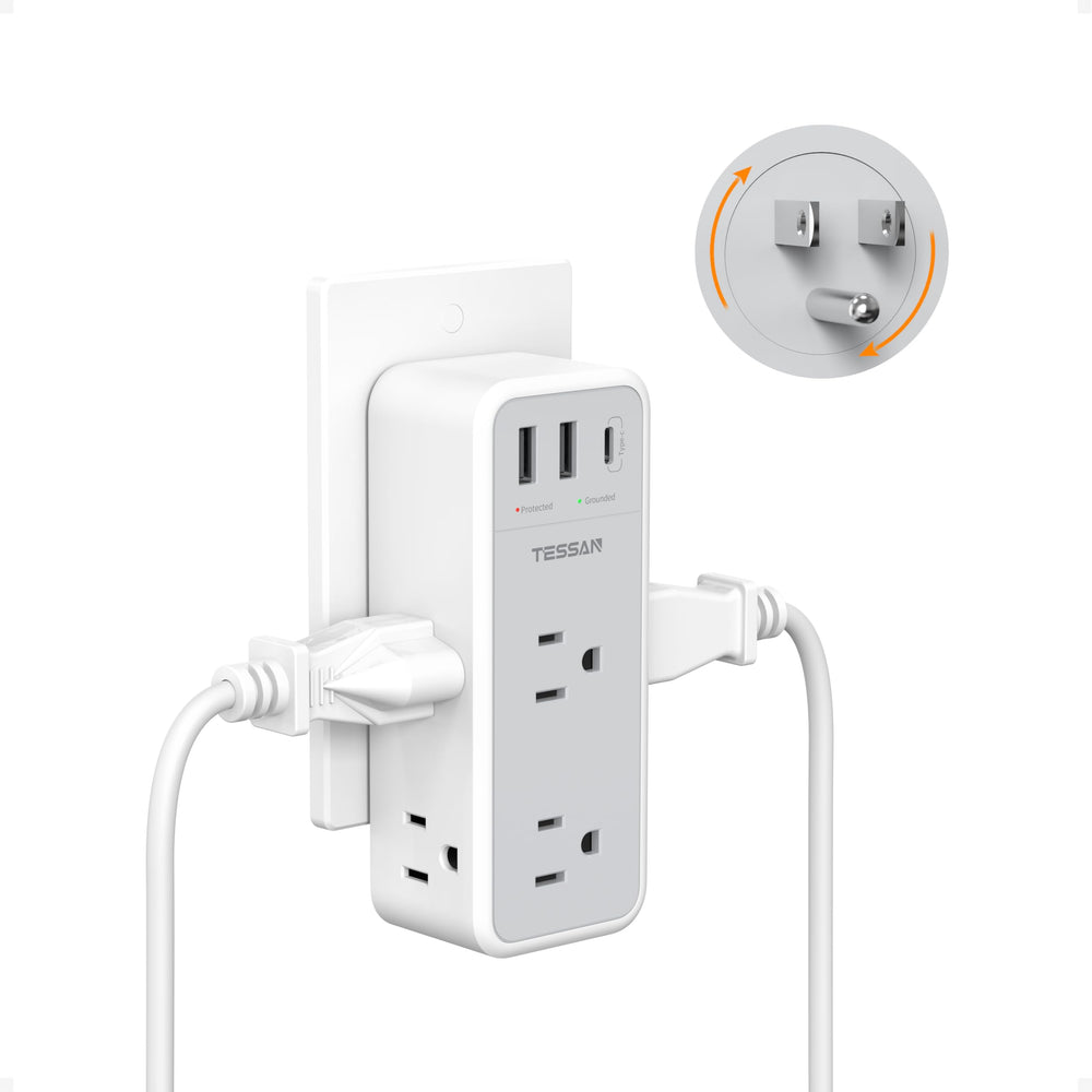 TESSAN multi-plug wall outlet with 360-degree rotating plug for flexible setup.