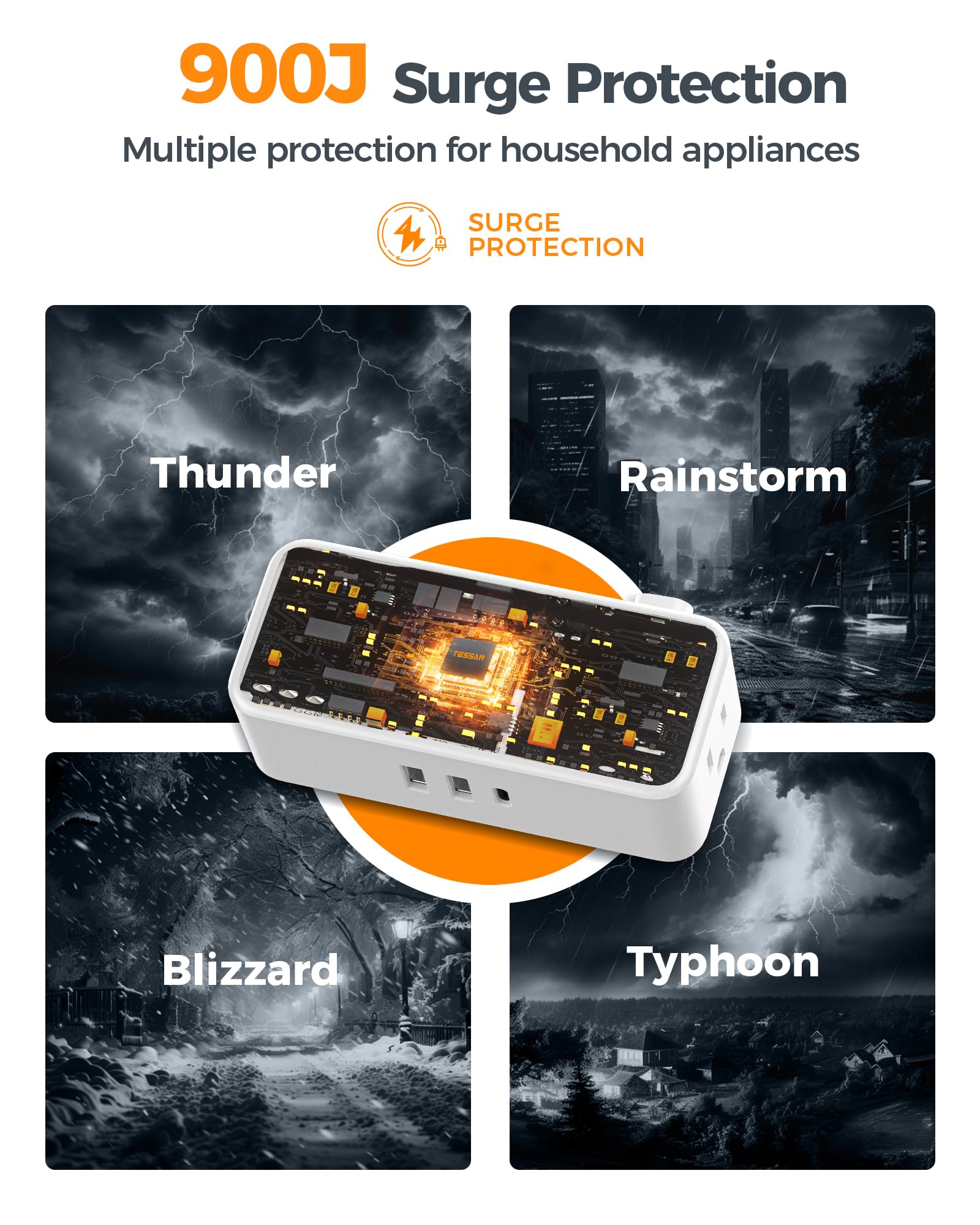 TESSAN right-angle flat plug frees space on crowded outlets.