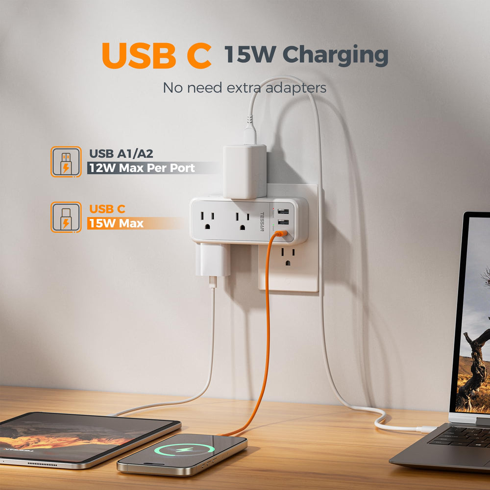 TESSAN rotating plug mechanism adapts to socket orientation for convenience.