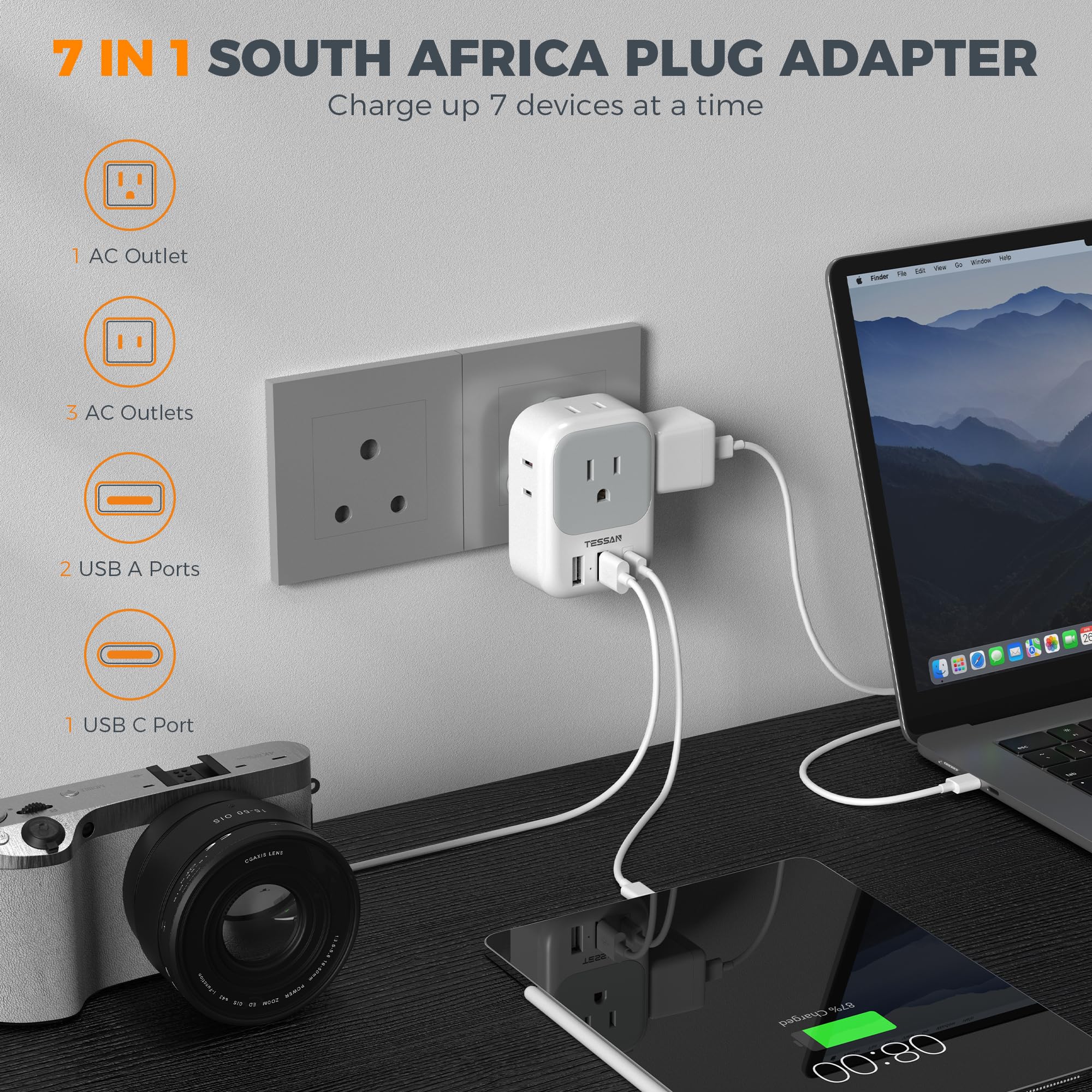TESSAN South Africa plug adapter back view highlighting compatibility and compact design
