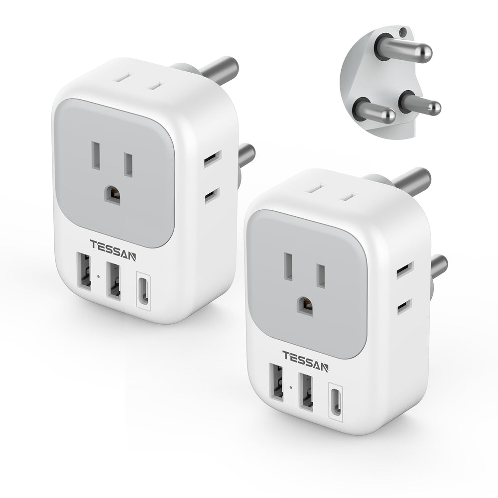 TESSAN South Africa plug adapter front view shows four outlets and USB ports for multi-device charging