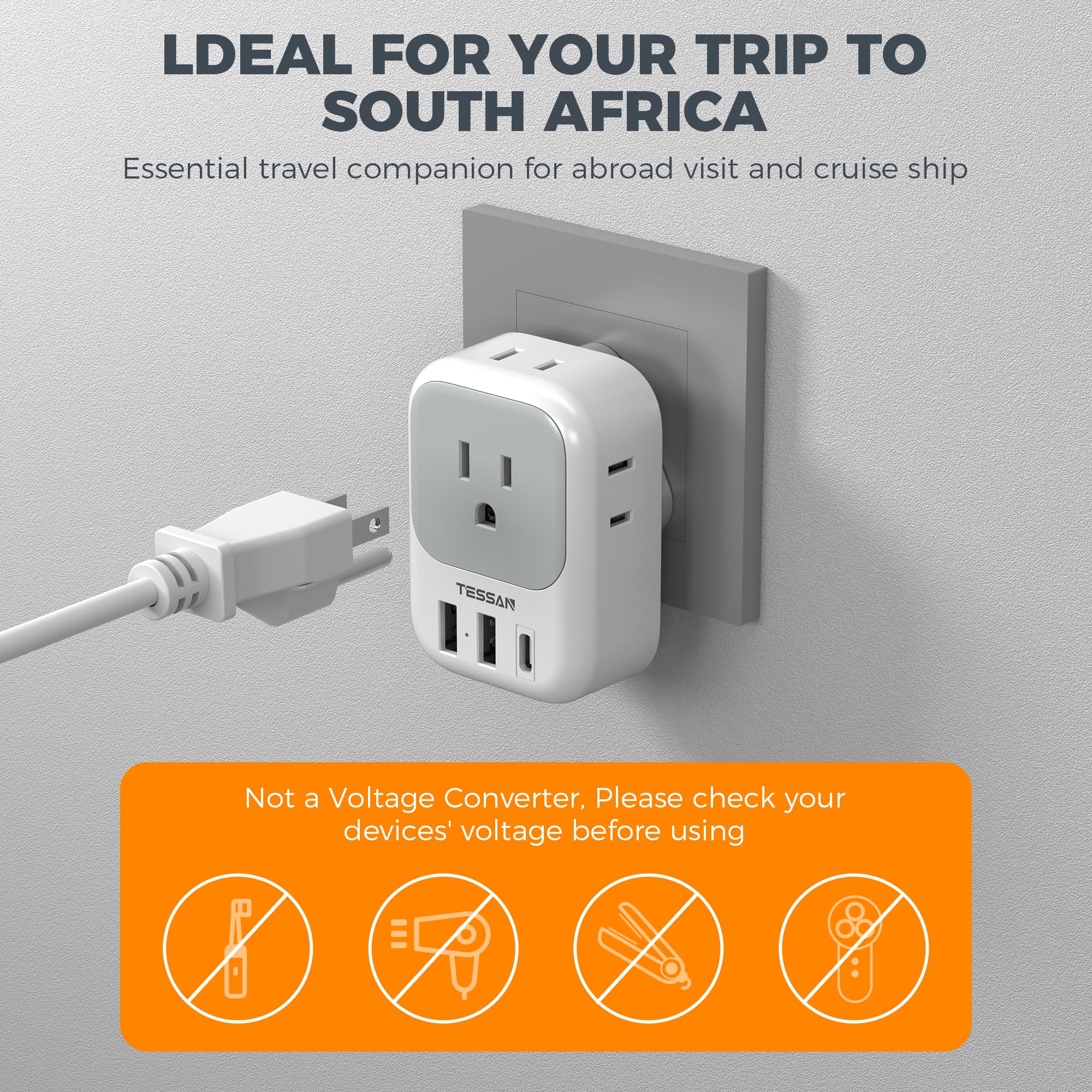 TESSAN South Africa adapter in use at airport or dorm to power multiple devices