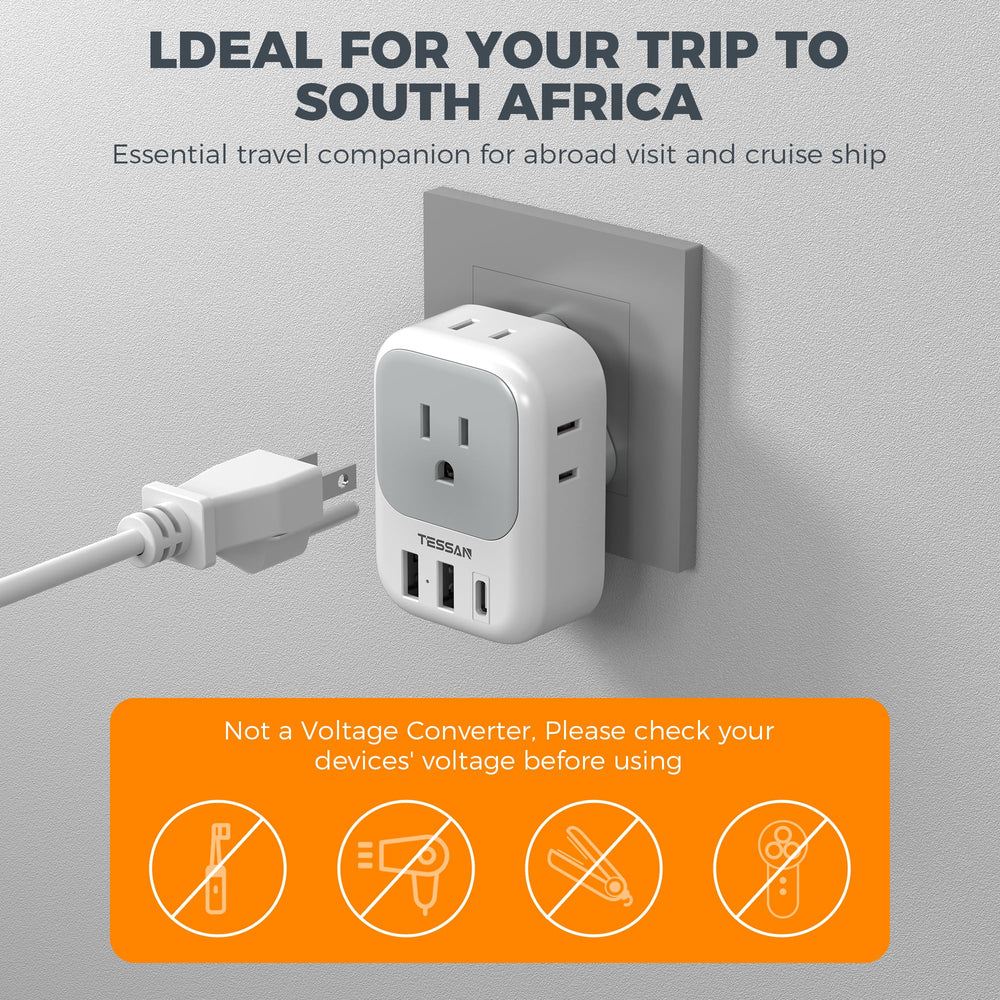 TESSAN South Africa adapter in use at airport or dorm to power multiple devices