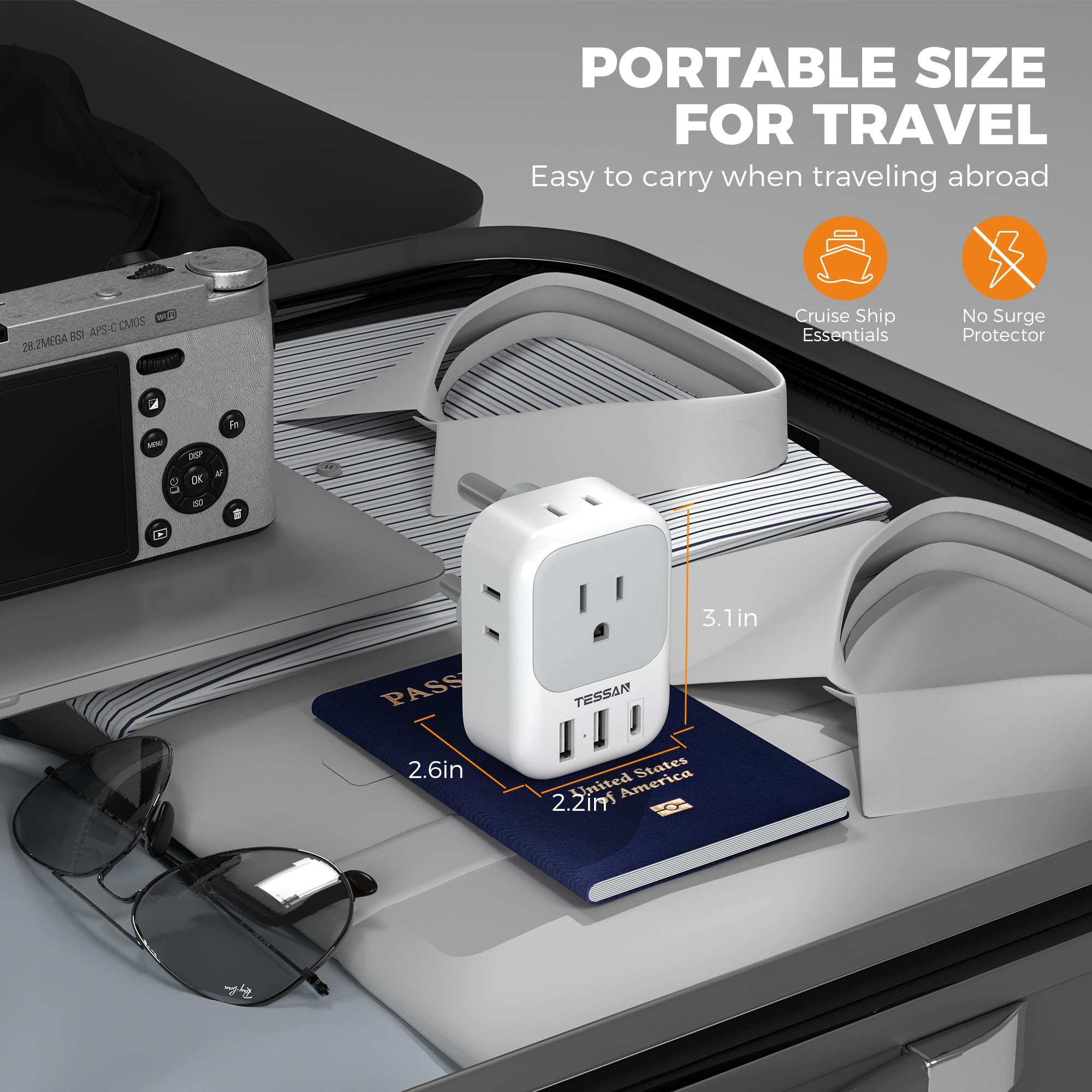 TESSAN compact travel adapter fits in luggage saving space