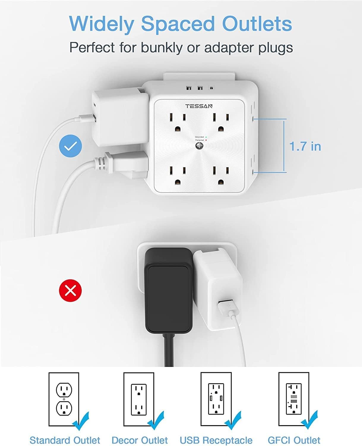 TESSAN space-saving outlet setup reduces clutter in compact rooms