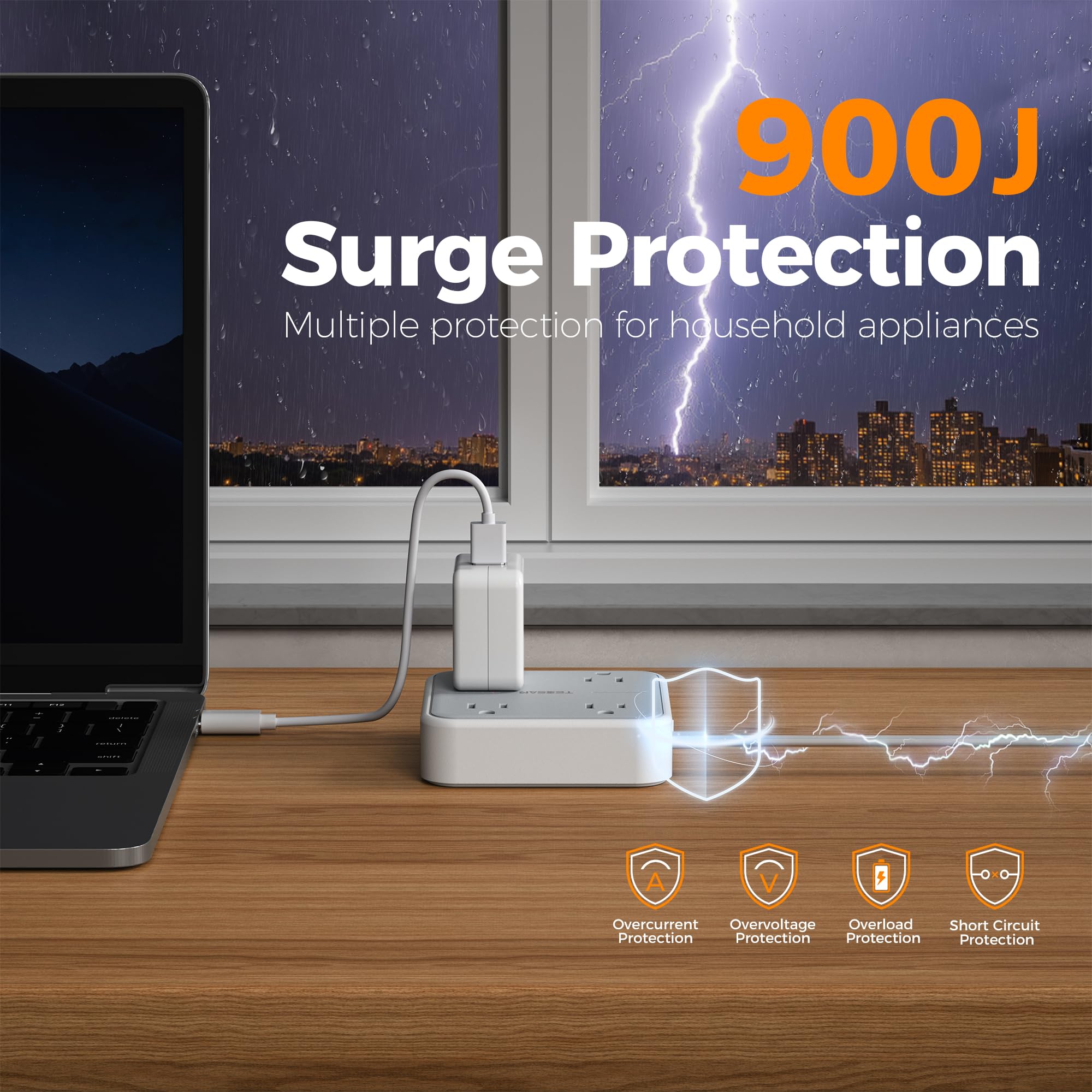 TESSAN surge protector with 4 outlets and USB-C enables multi-device charging.