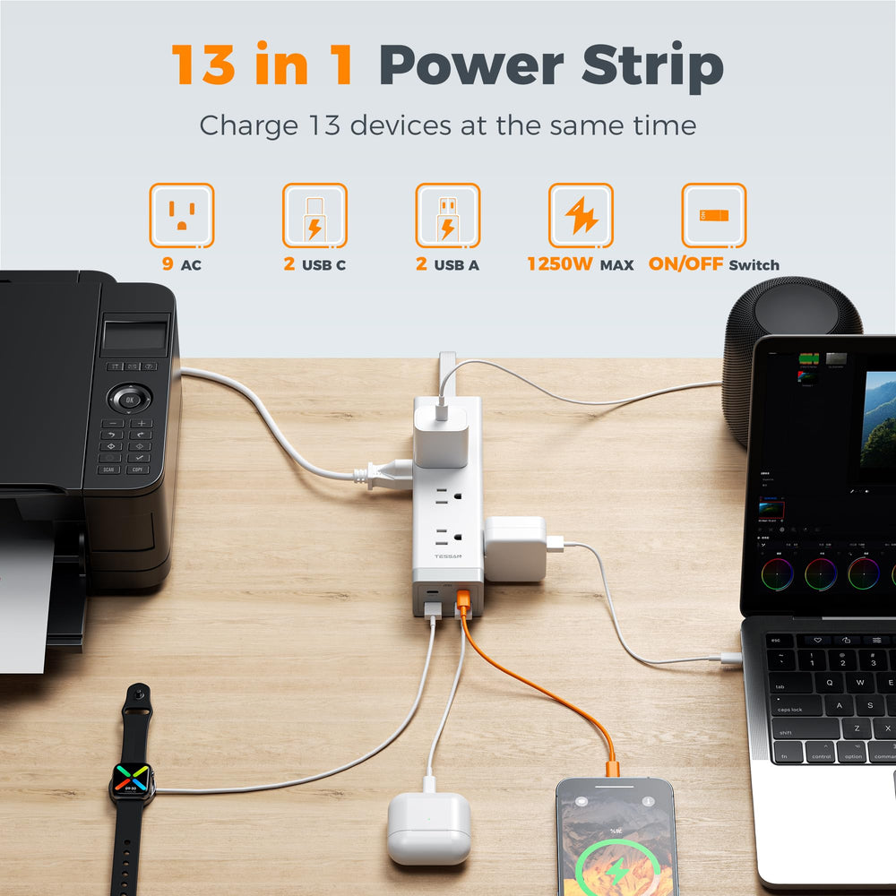 TESSAN power strip with six-foot cord for flexible room reach