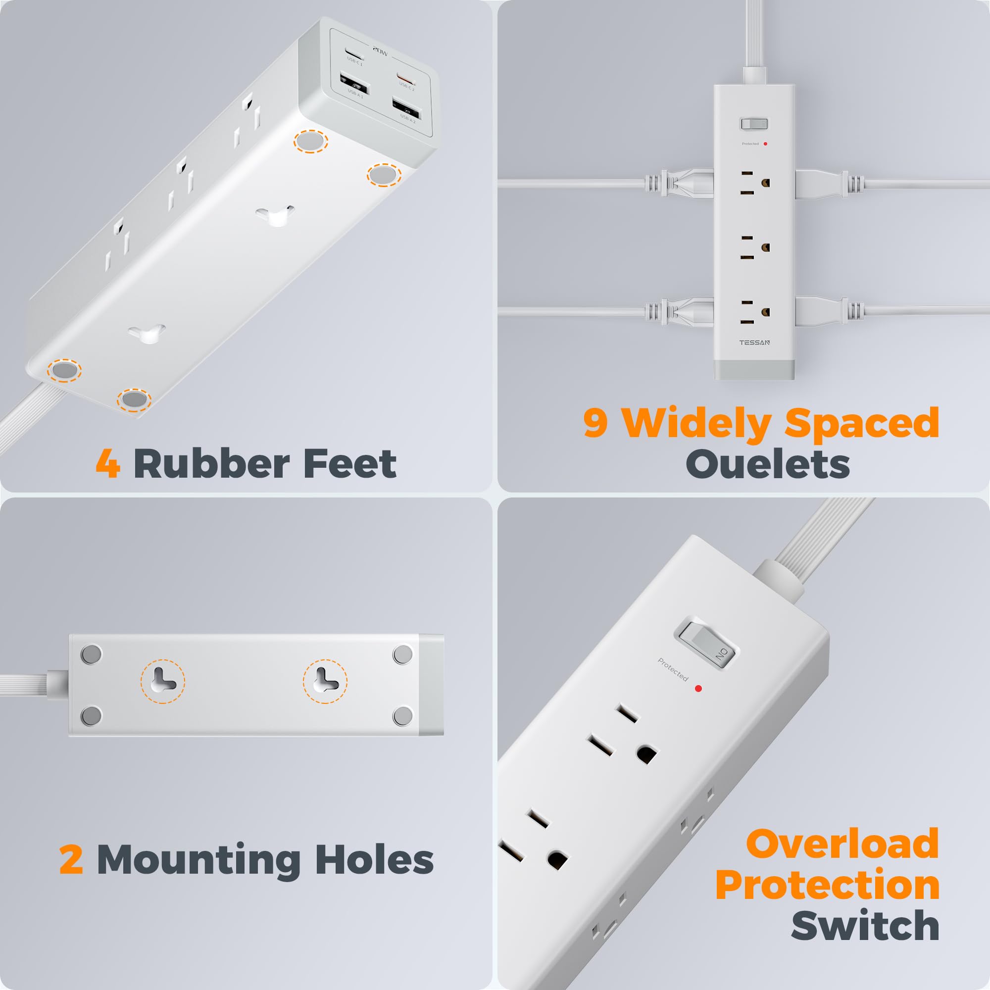 TESSAN anti-slip base keeps the power strip stable on a desk
