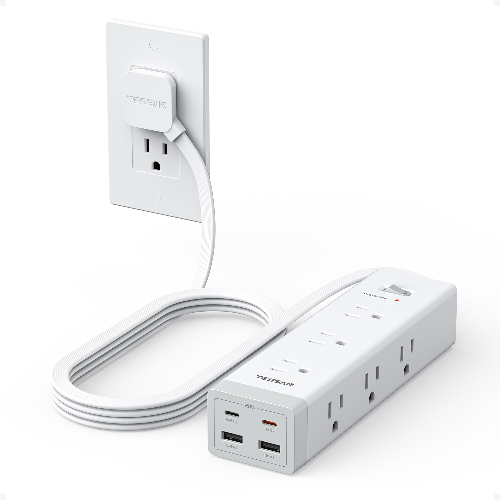 TESSAN surge protector with flat plug enabling compact wall placement and clean desk setup