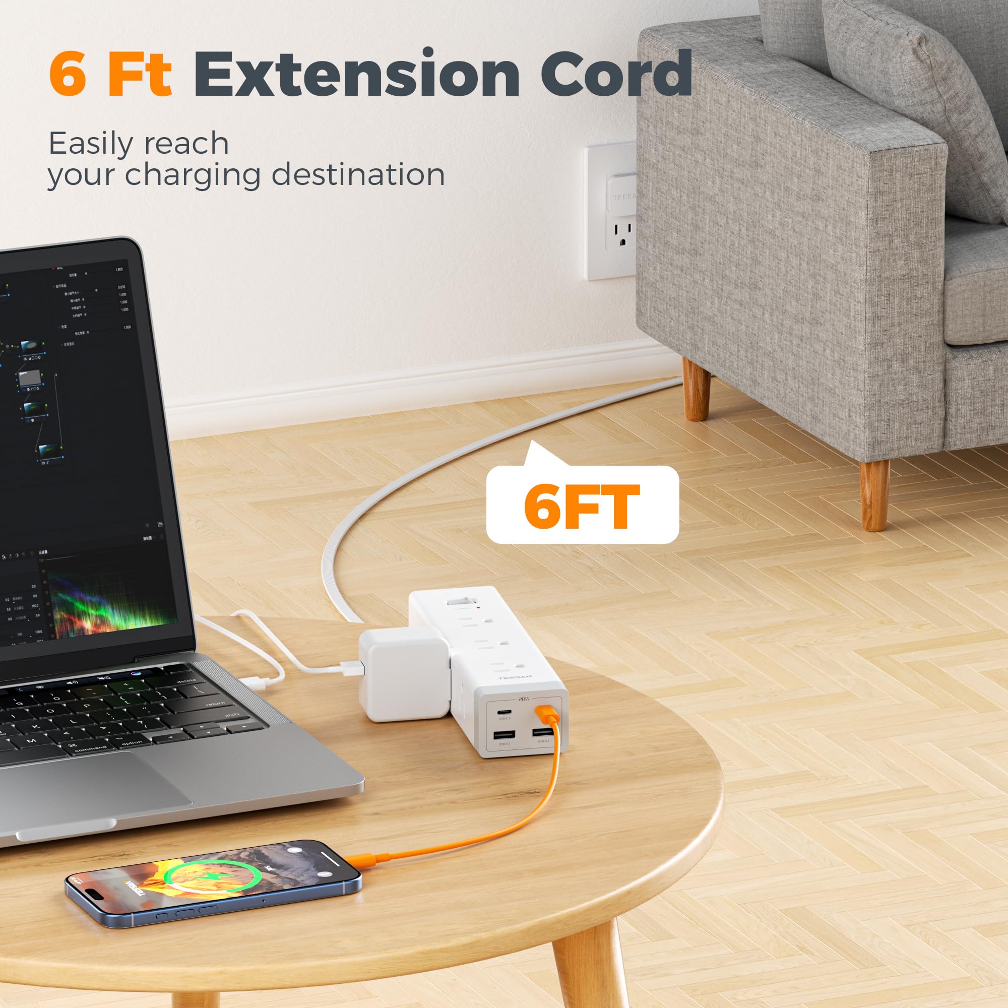 TESSAN USB-A and USB-C ports ready to charge tablets and accessories