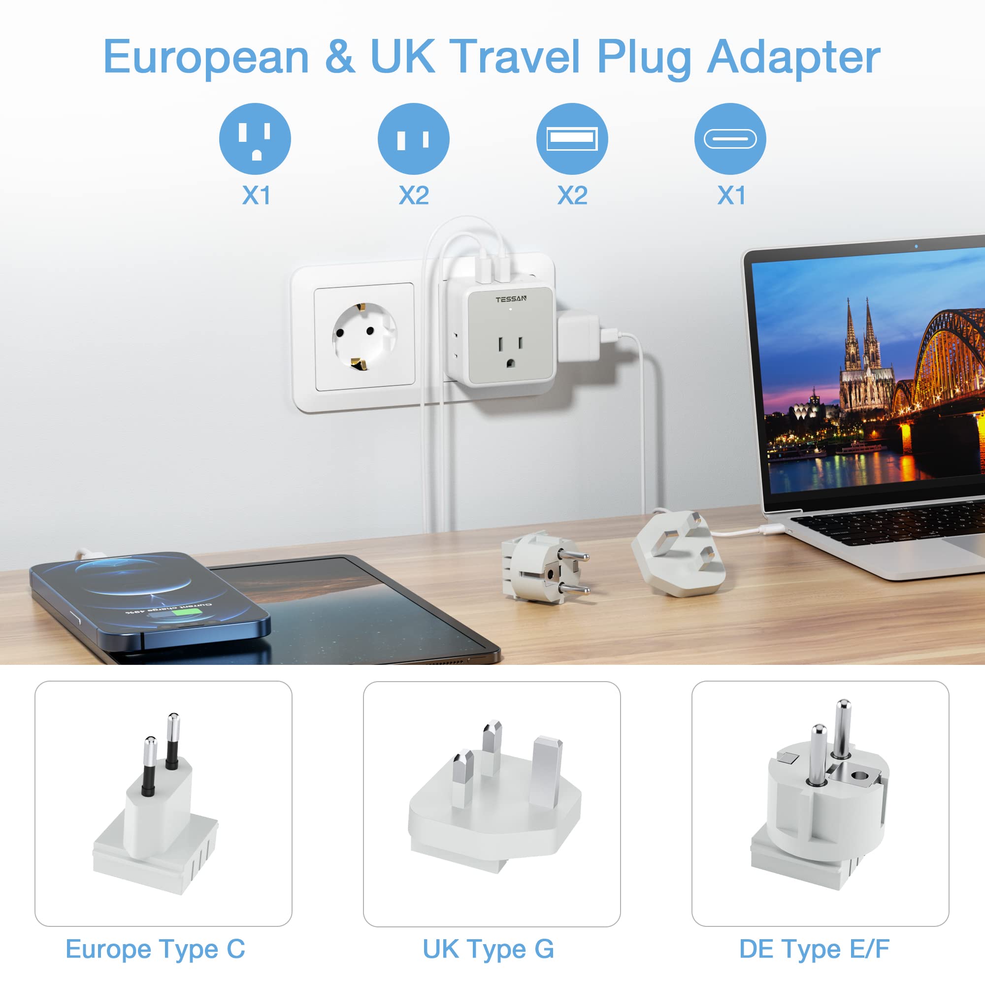 TESSAN three-outlet three-usb charger for simultaneous device charging.