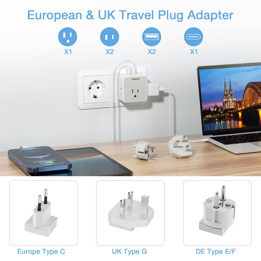 TESSAN three-outlet three-usb charger for simultaneous device charging.