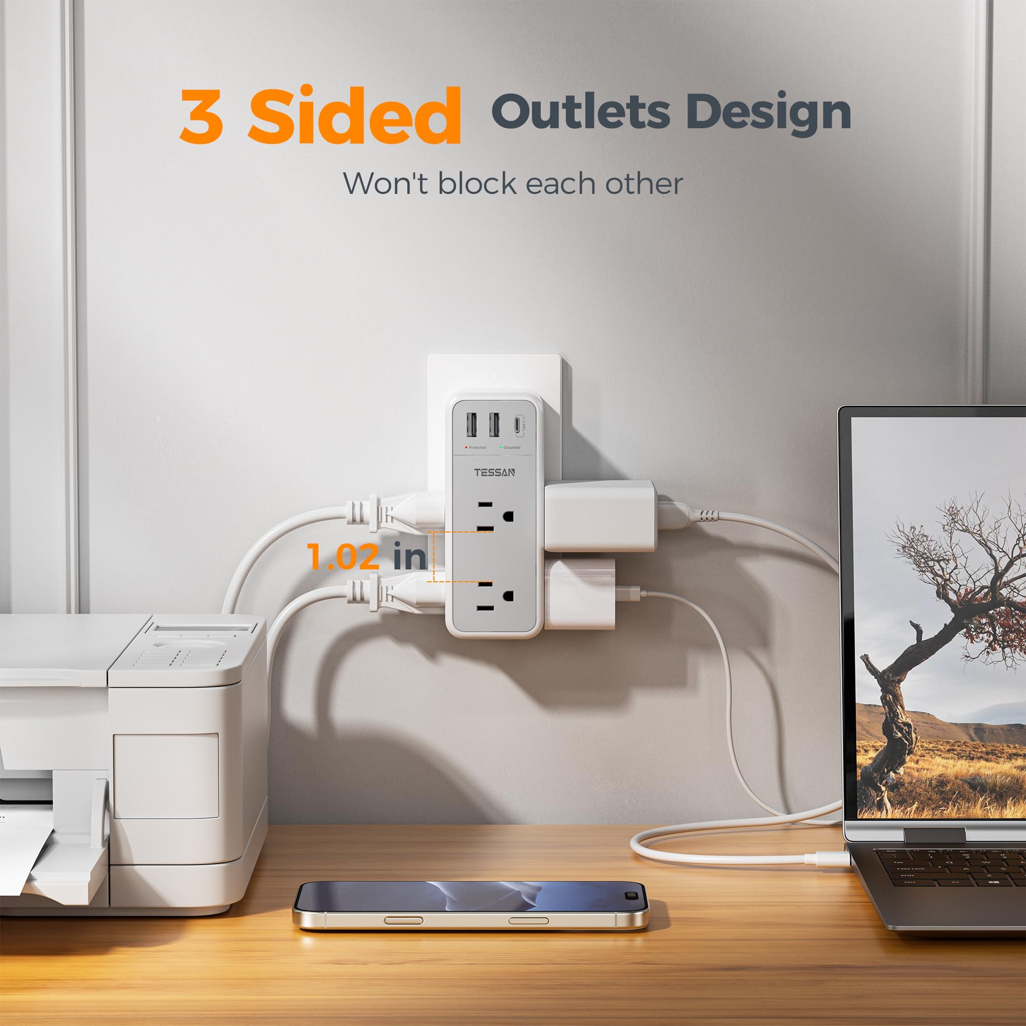 TESSAN three-sided wall socket design saves space and avoids outlet blocking.