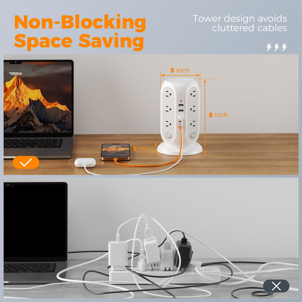 TESSAN Tower Power Strip features a 10 ft flat cord for flexible placement.