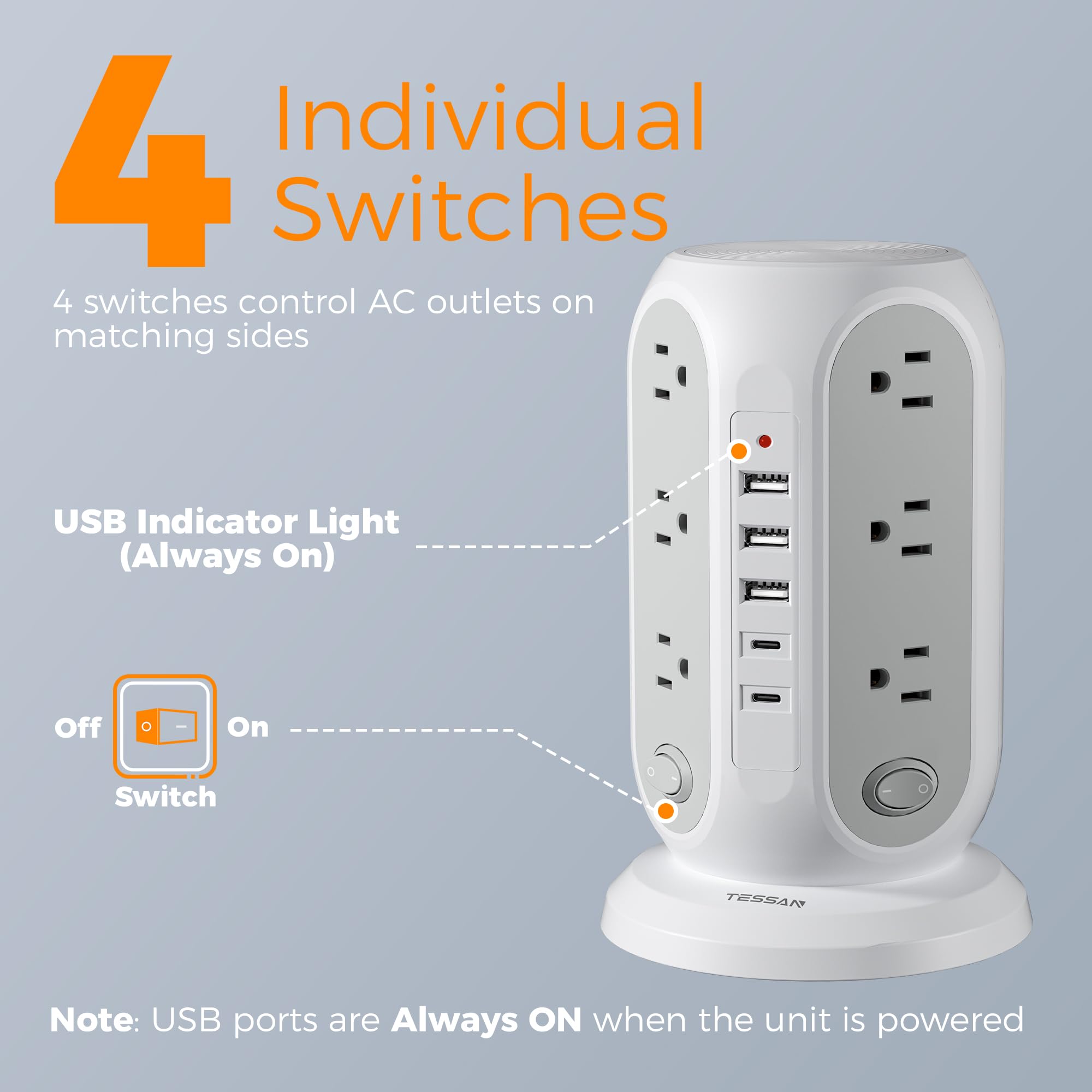 TESSAN Power Strip with four independent switches for easy zone control.
