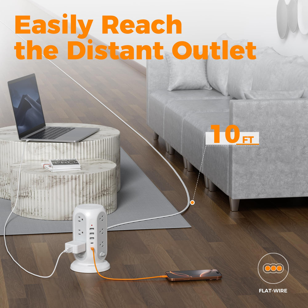 TESSAN flat plug design sits flush against the wall for neat setups.