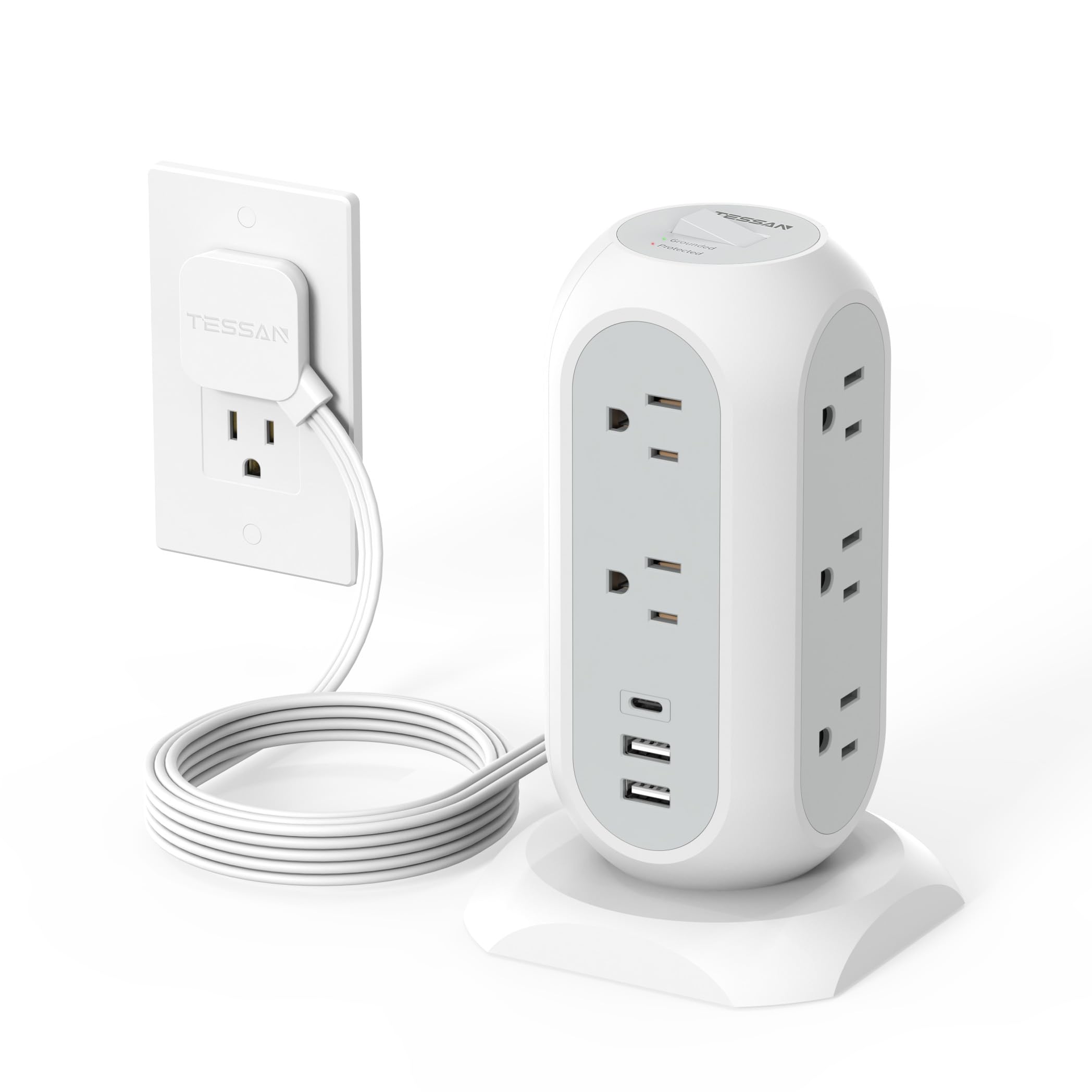 TESSAN tower power strip with flat plug for 11 outlets and 3 USB ports.