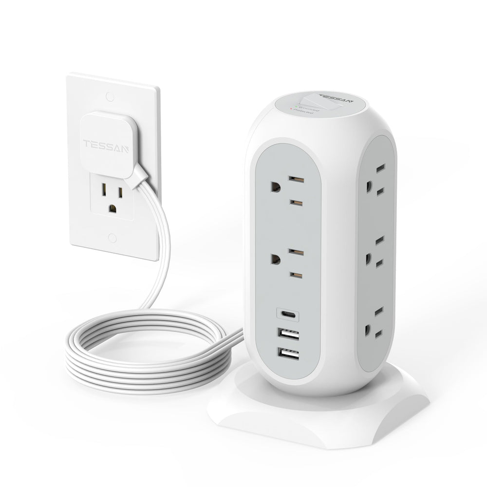 TESSAN tower power strip with flat plug for 11 outlets and 3 USB ports.
