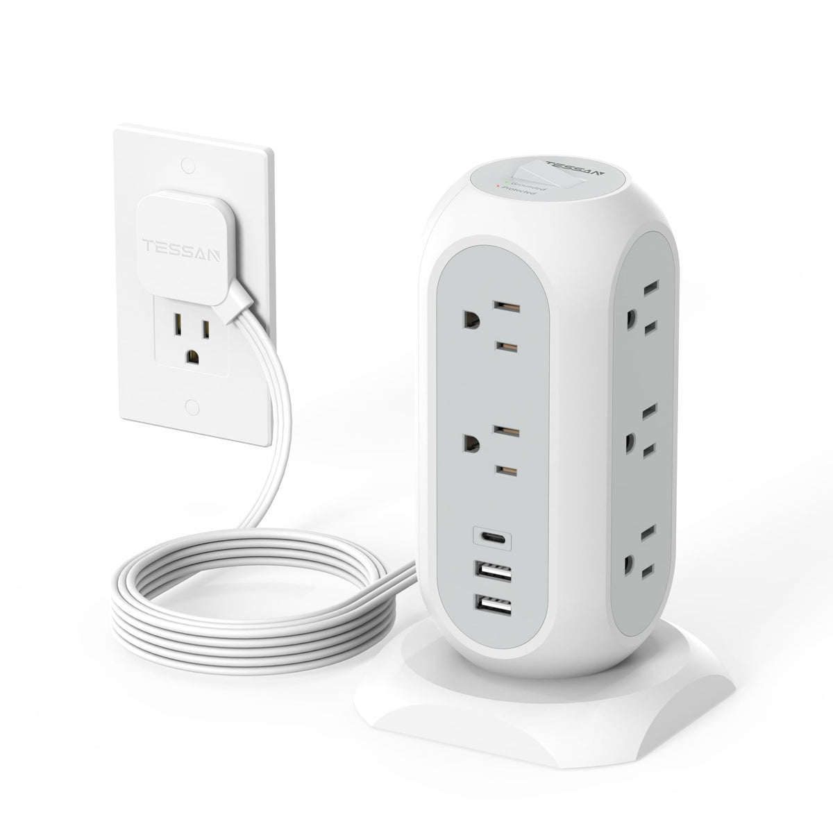 TESSAN tower power strip with flat plug for 11 outlets and 3 USB ports.