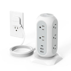 TESSAN tower power strip with flat plug for 11 outlets and 3 USB ports.