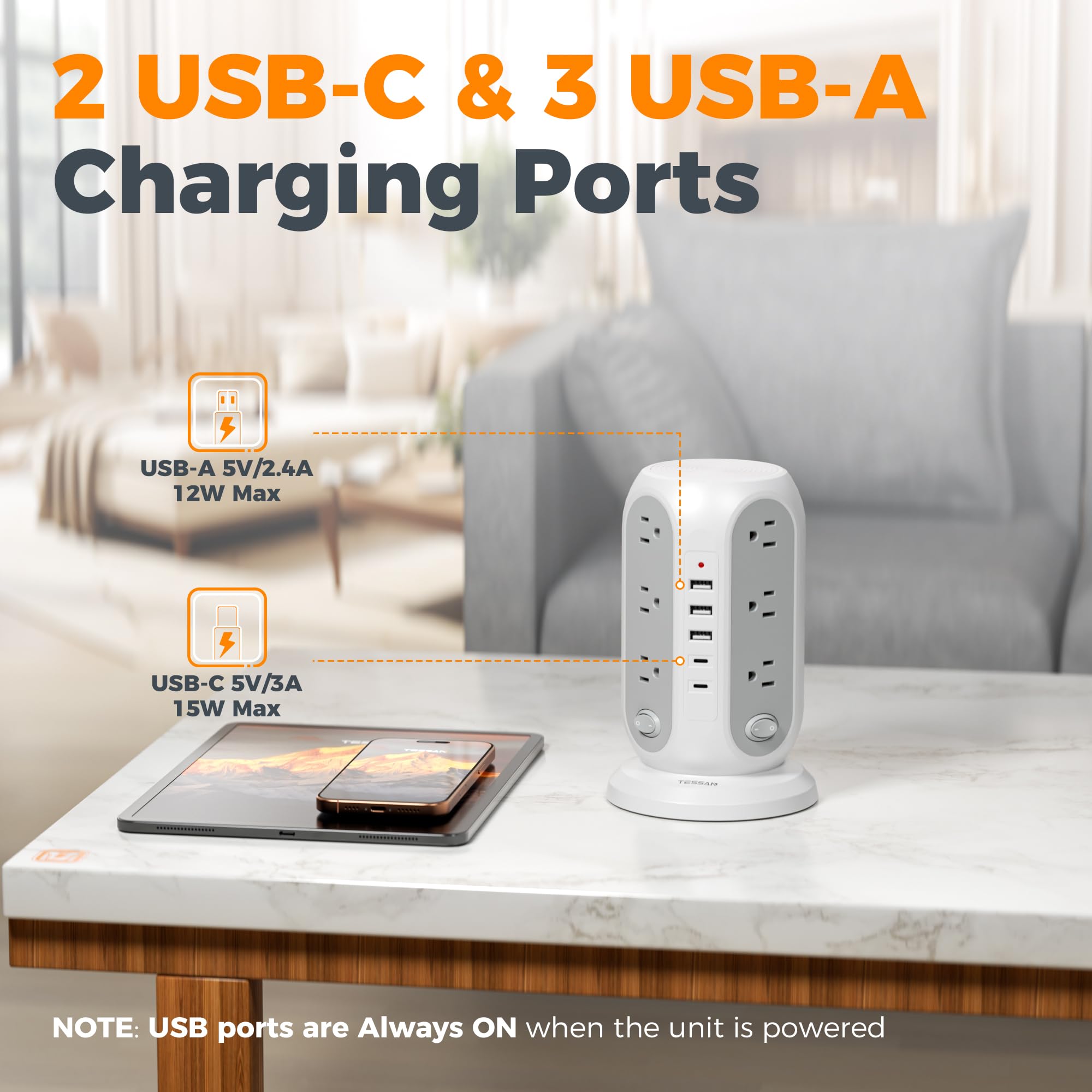TESSAN 2 USB-C ports offer up to 15W each for versatile charging.