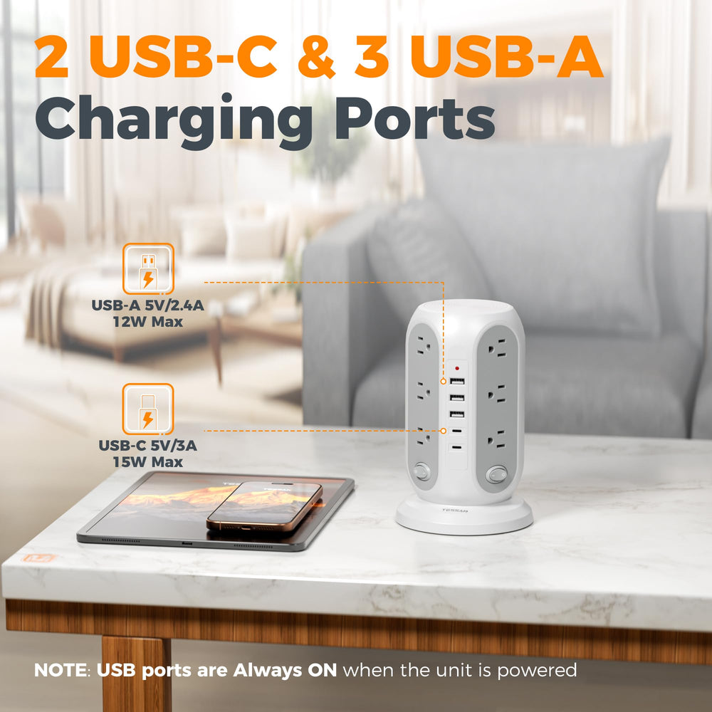 TESSAN 2 USB-C ports offer up to 15W each for versatile charging.