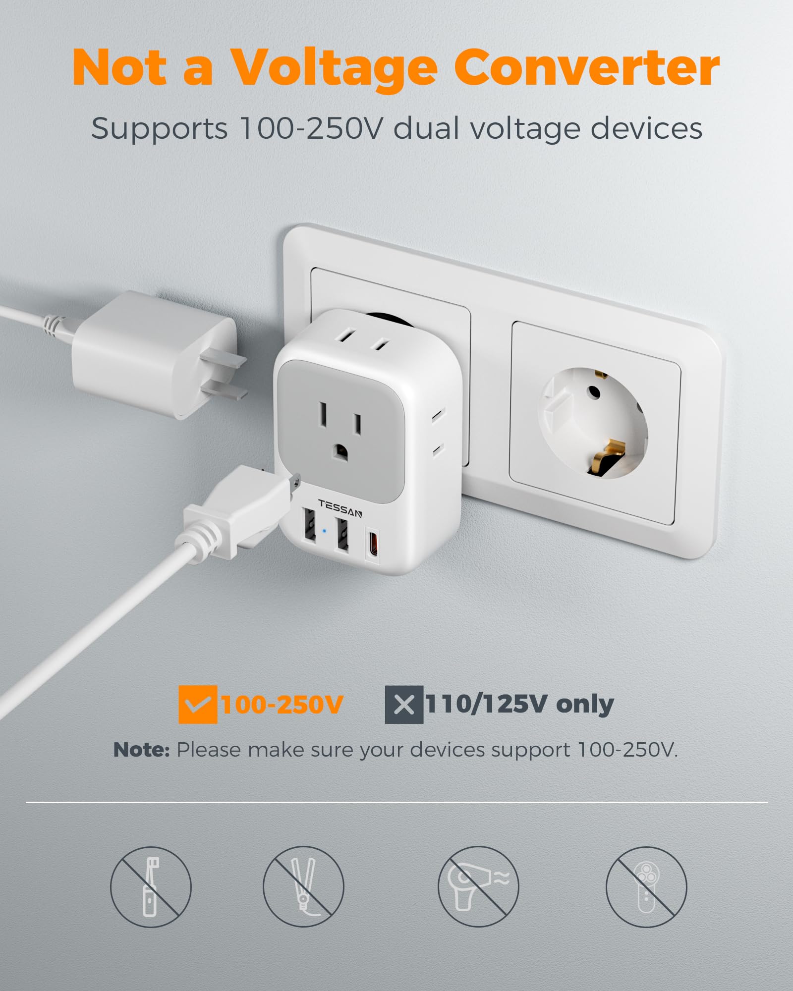 TESSAN travel adapter compact size fits in handbags and carry-ons.