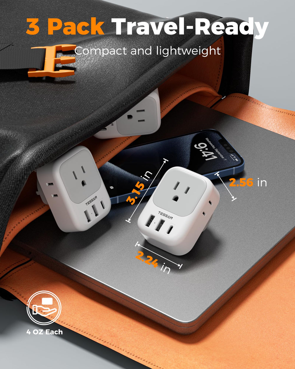 TESSAN travel adapter in packaging demonstrating convenient 7-in-1 design.