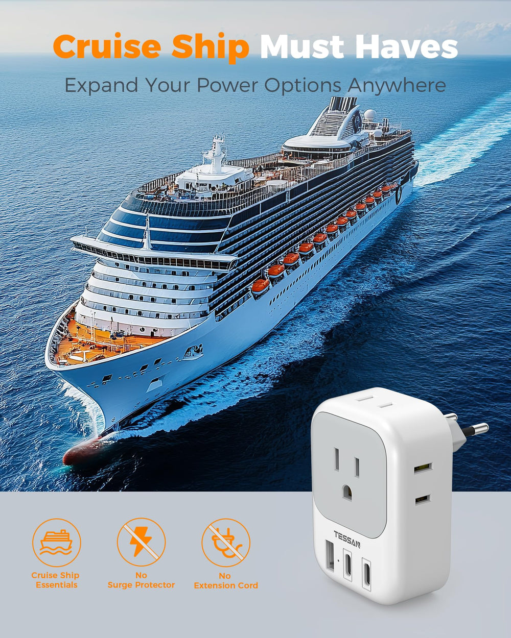 TESSAN Type-C EU adapter enables three USB ports for simultaneous charging.