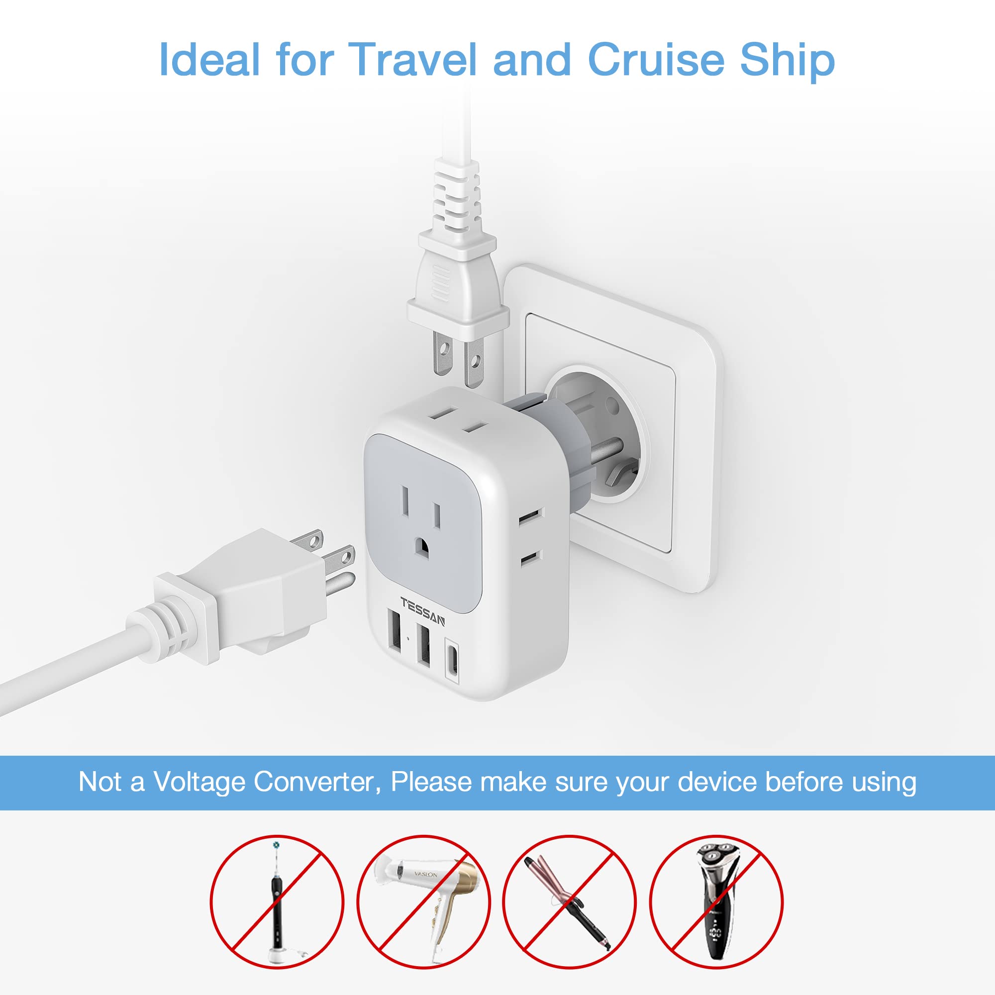 TESSAN Type E/F adapter in bedroom setup powering devices
