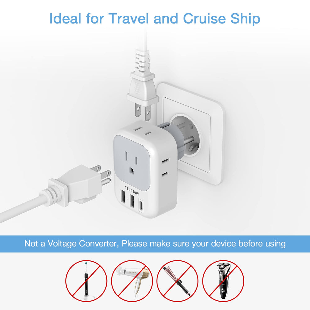TESSAN Type E/F adapter in bedroom setup powering devices