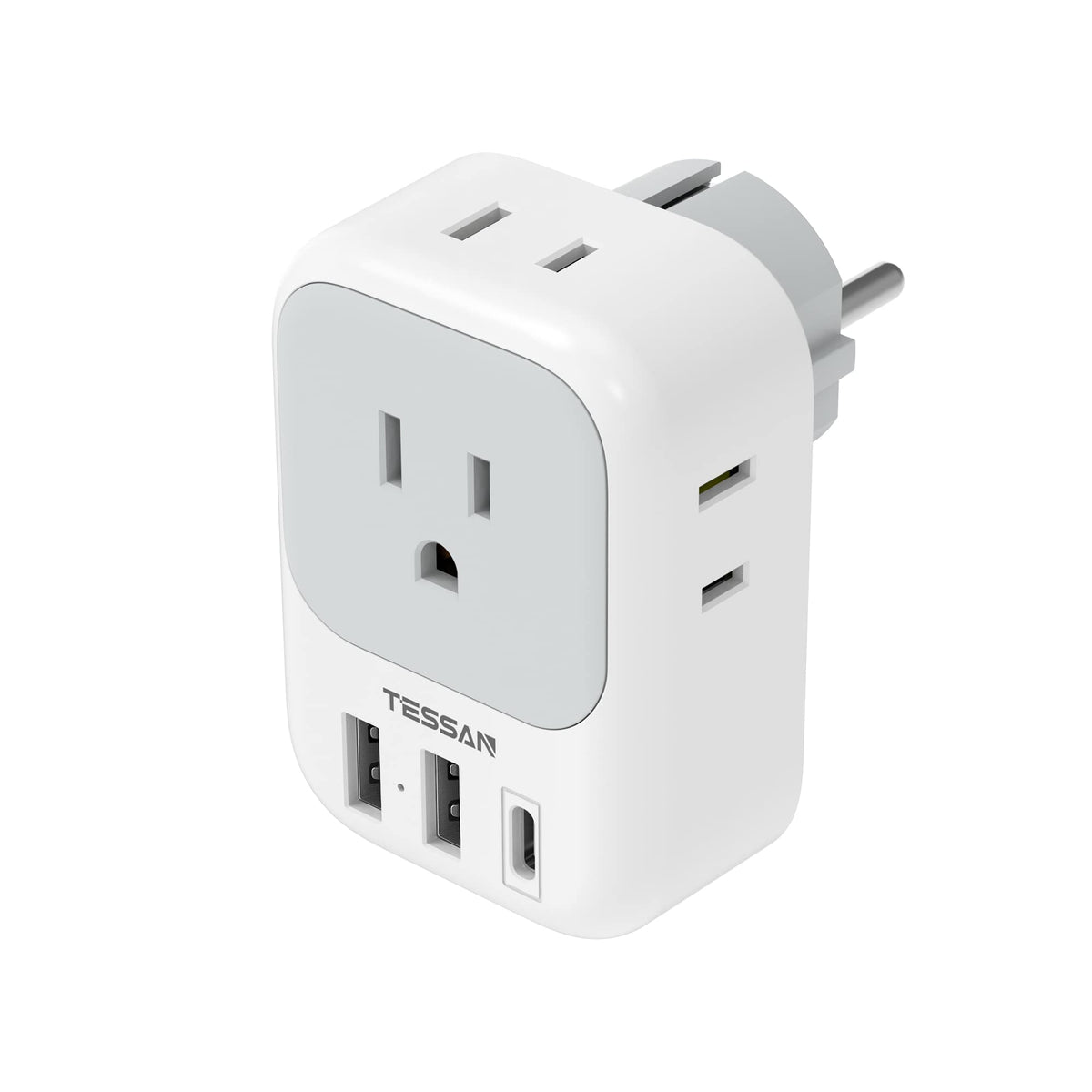 TESSAN Type E/F plug adapter front view showing compact travel design
